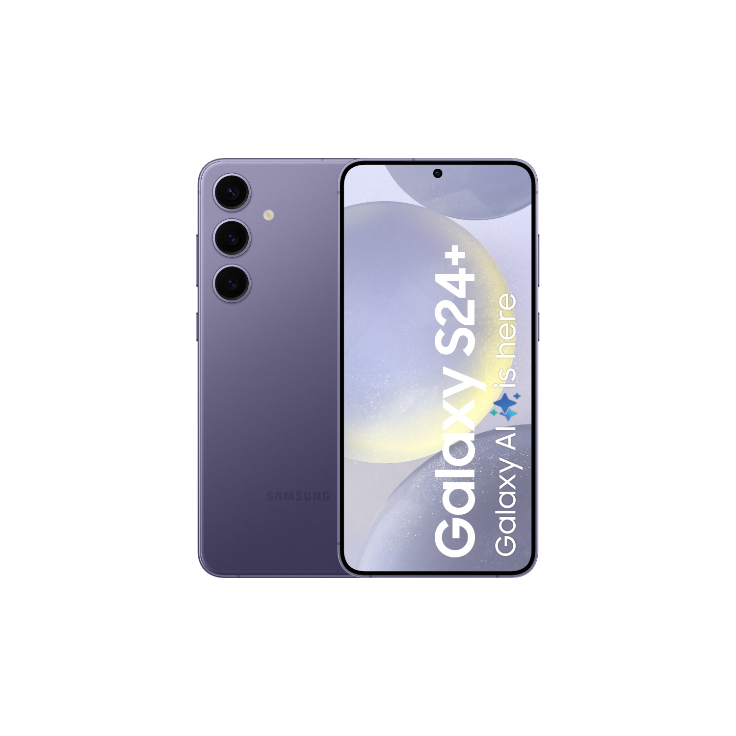 Fioletowy telefon Samsung Galaxy S24+ na czarnym tle, pokazujący tył i wyświetlacz z tekstem.