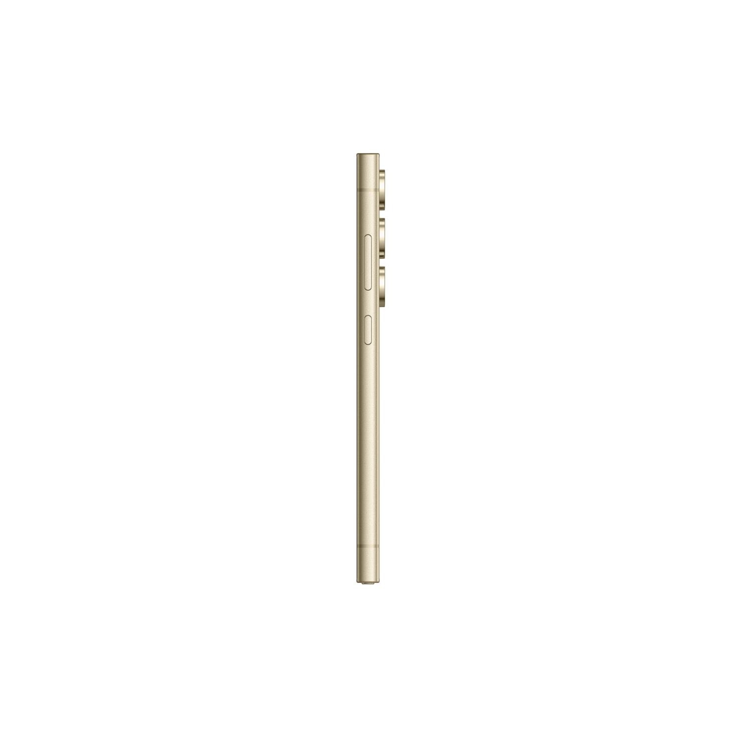 Widok z boku złotego smartfona na czarnym tle. Telefon ma przyciski z boku.