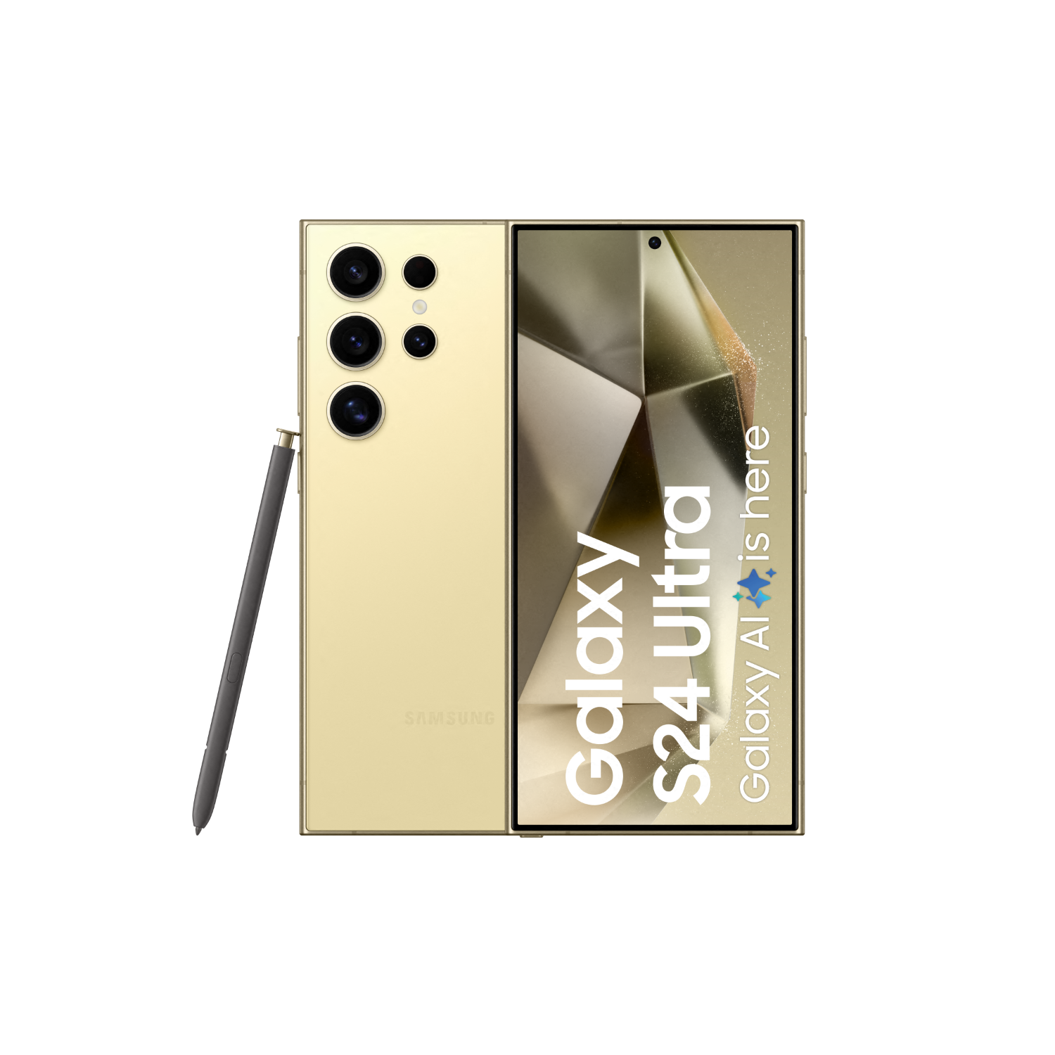 Złoty telefon z rysikiem po lewej stronie. Ekran wyświetla tekst: Galaxy S24 Ultra.
