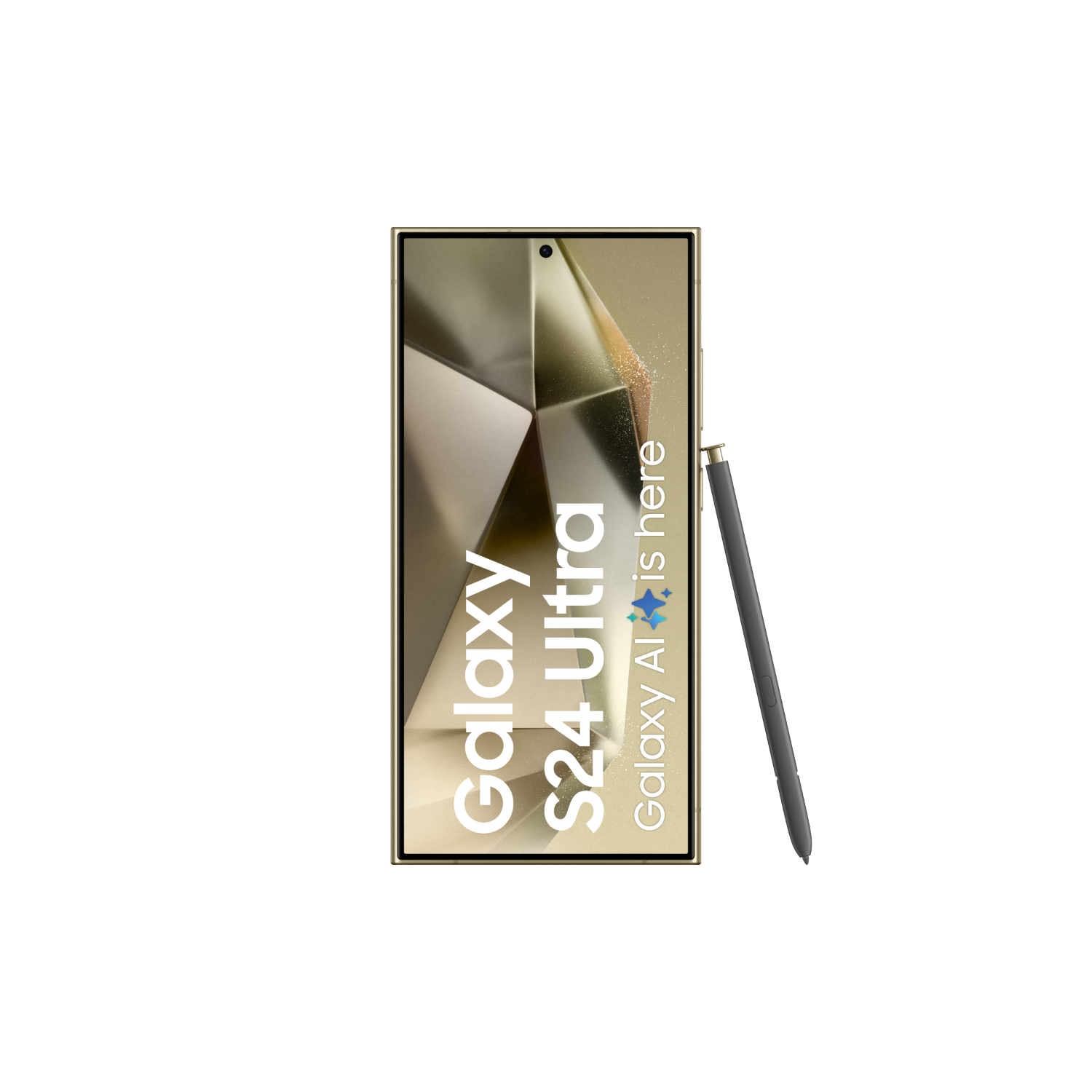 Złoty smartfon z rysikiem. Wyświetlacz pokazuje 'Galaxy S24 Ultra' i 'Galaxy AI is here' na czarnym tle.