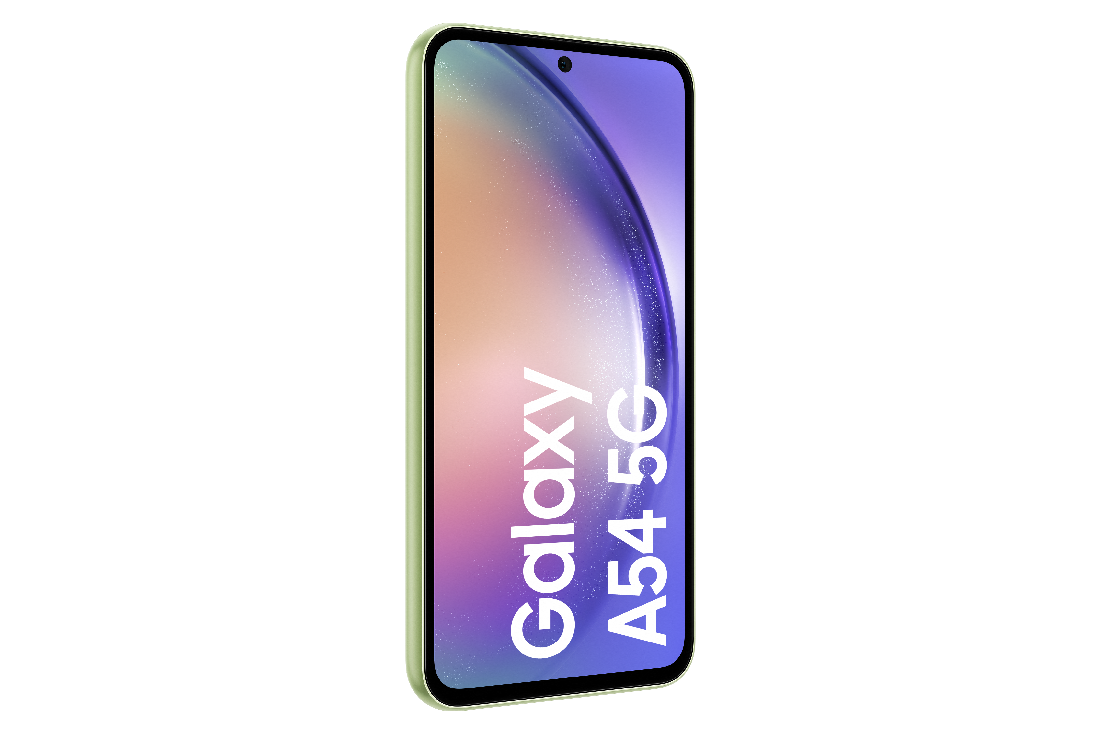 Telefon z różowym i zielonym wyświetlaczem, tekst mówi Galaxy A54 5G.