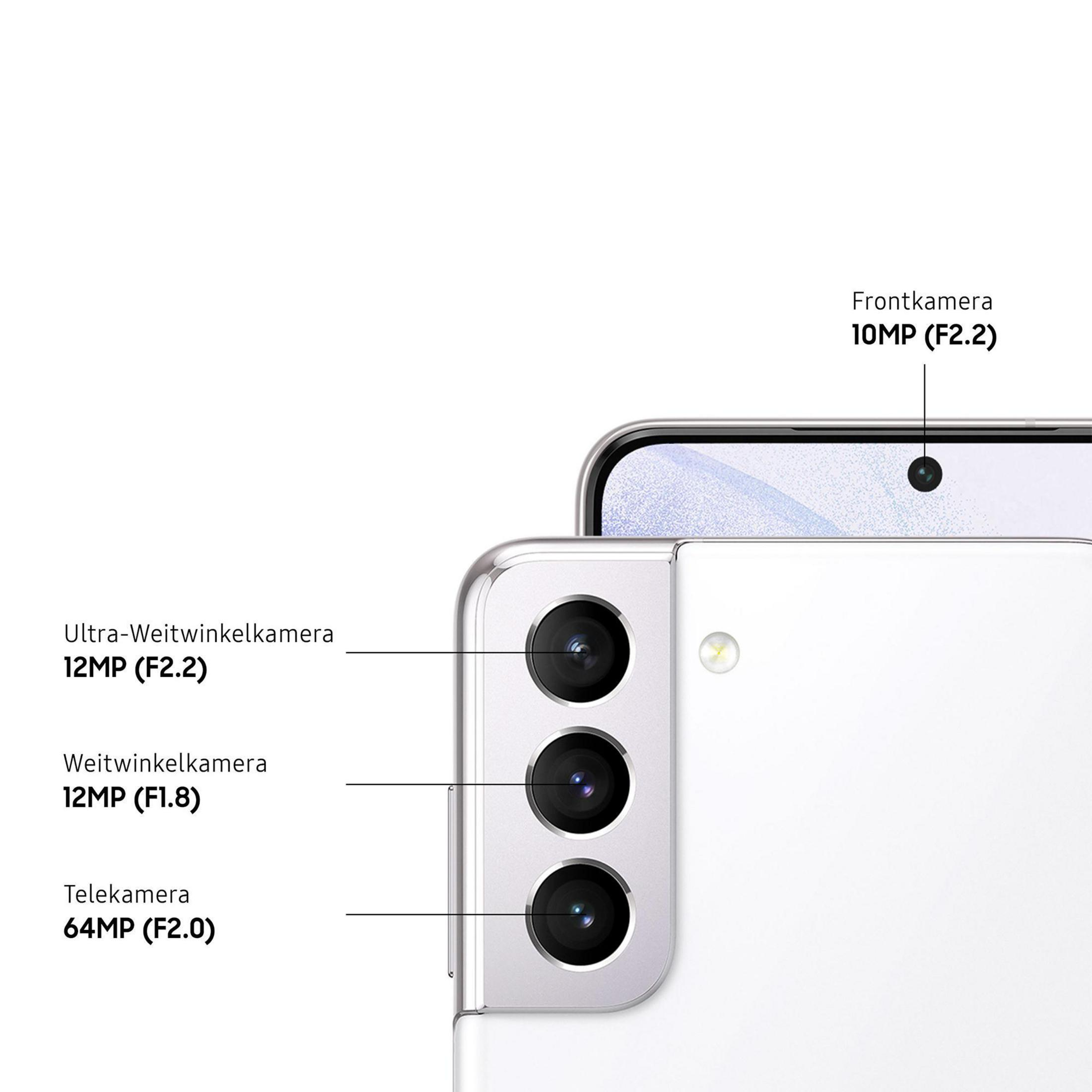 Een witte smartphone met cameradetails. De afbeelding toont de achterkant van de telefoon en de cameralenzen.