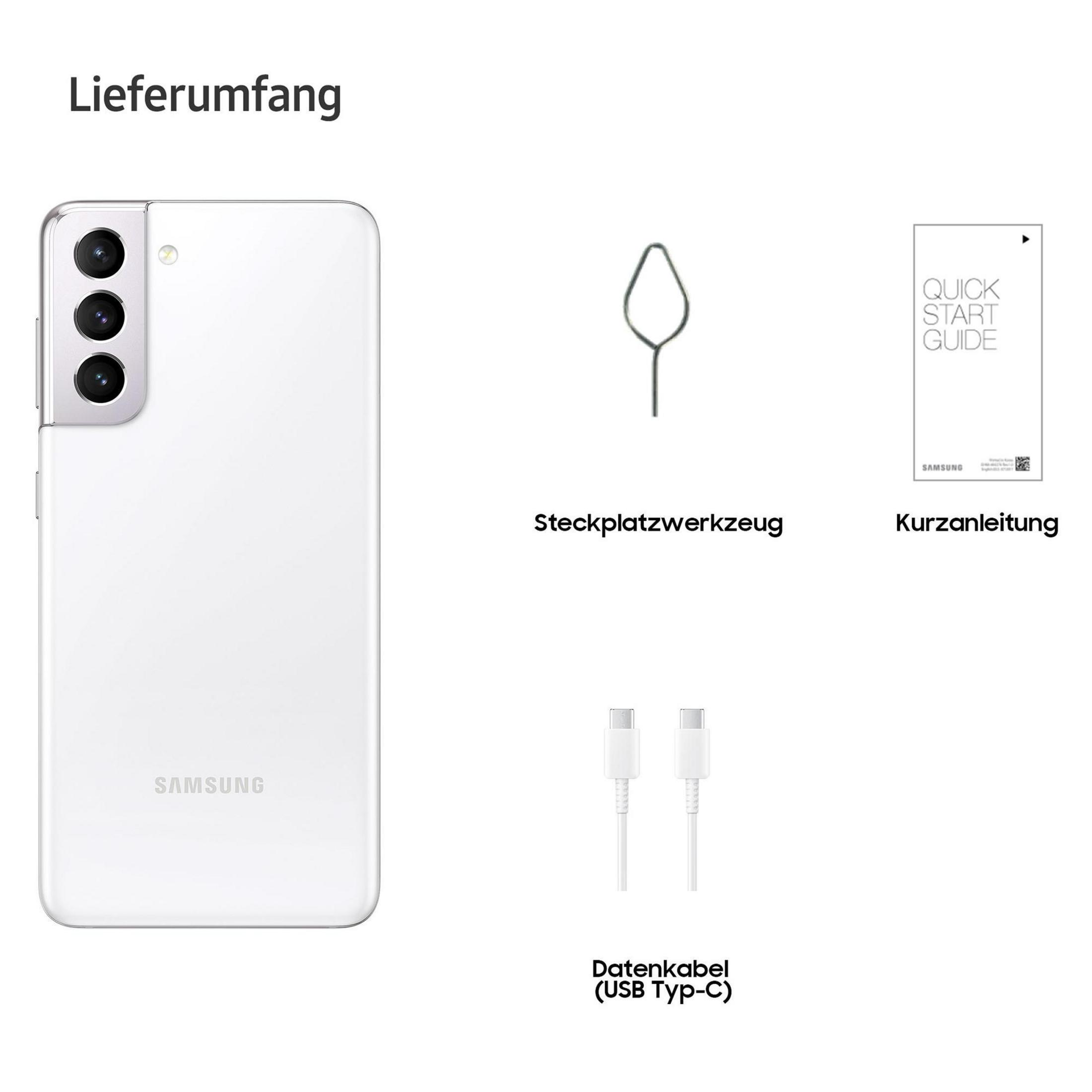 Witte telefoon met accessoires: SIM-tool, kabel en snelstartgids.