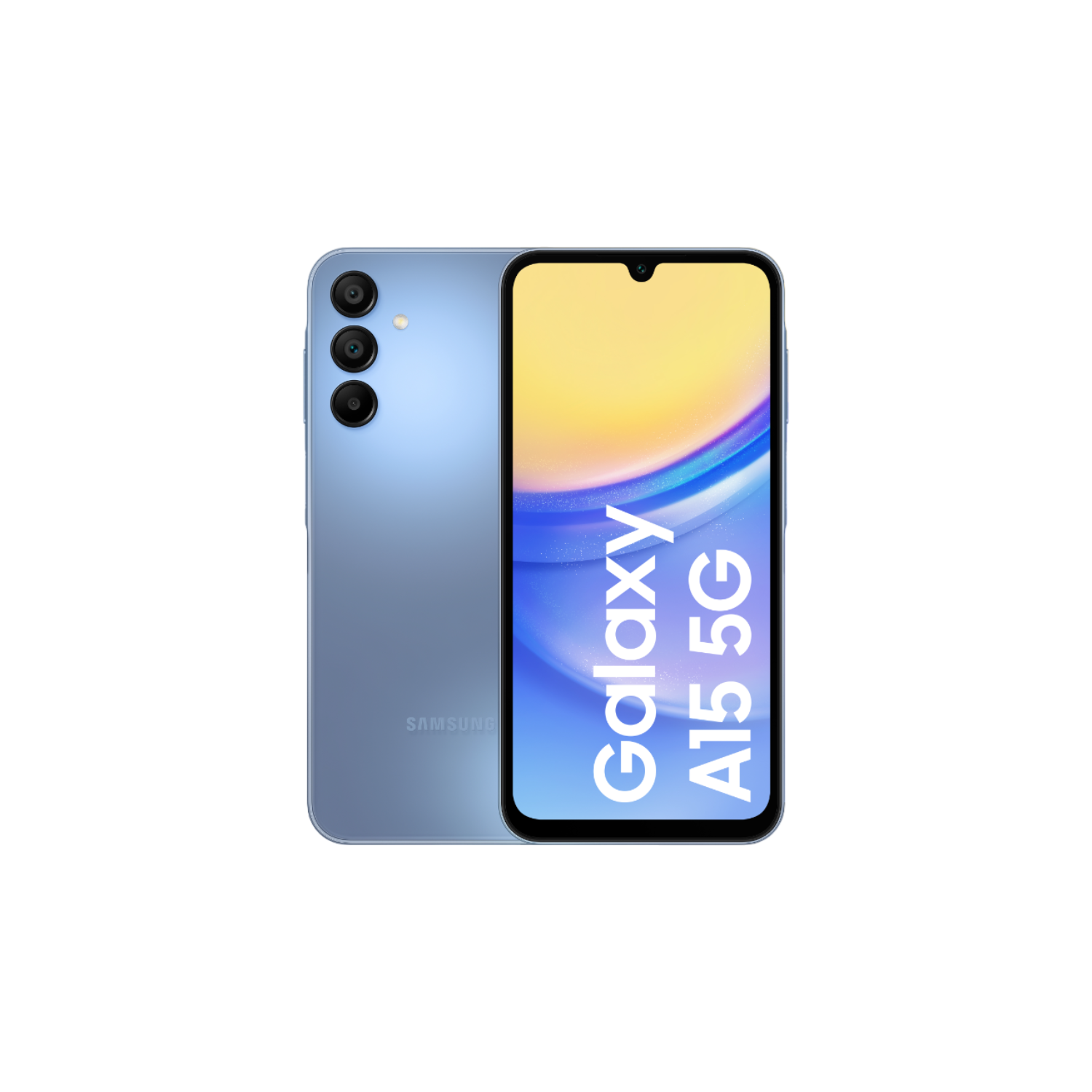 Een blauwe telefoon met een dubbele camera-opstelling, met de achterkant en het voorscherm.