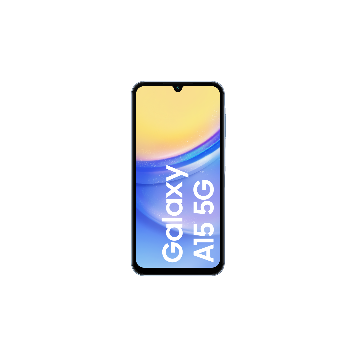 Een Samsung Galaxy A15 5G-smartphone met een blauw frame en een kleurrijk display.