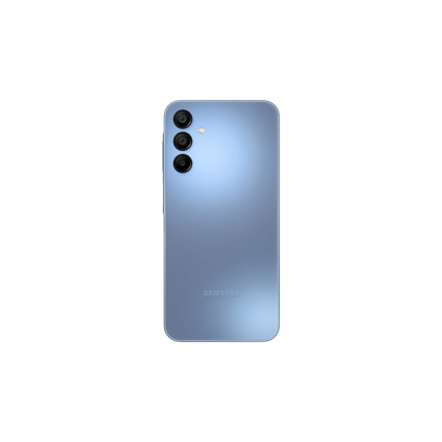 Blauwe telefoonachterkant met drievoudige camera's en het Samsung-logo op een zwarte achtergrond.