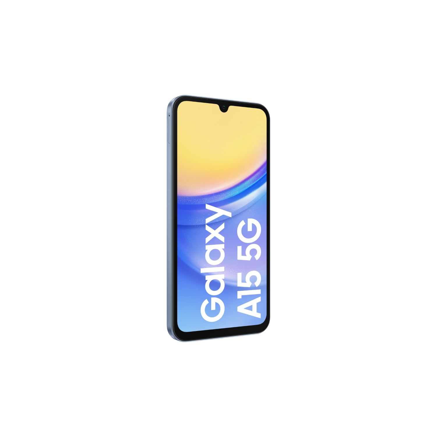 Blauwe telefoon met een lichtgeel scherm. De tekst op het scherm zegt "Galaxy A15 5G".