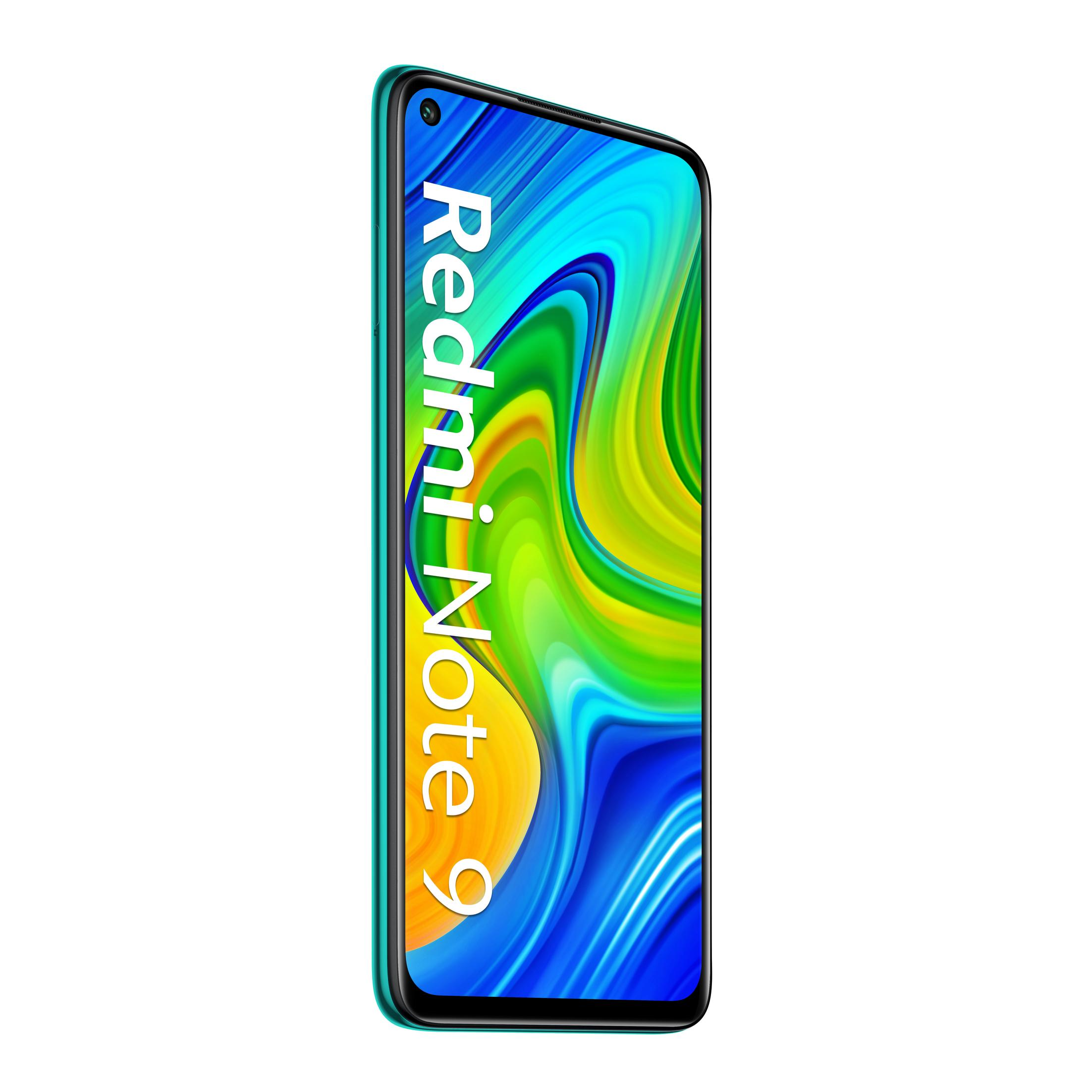 Zielony telefon Xiaomi Redmi Note 9 z tekstem "Redmi Note 9" pionowo na ekranie.