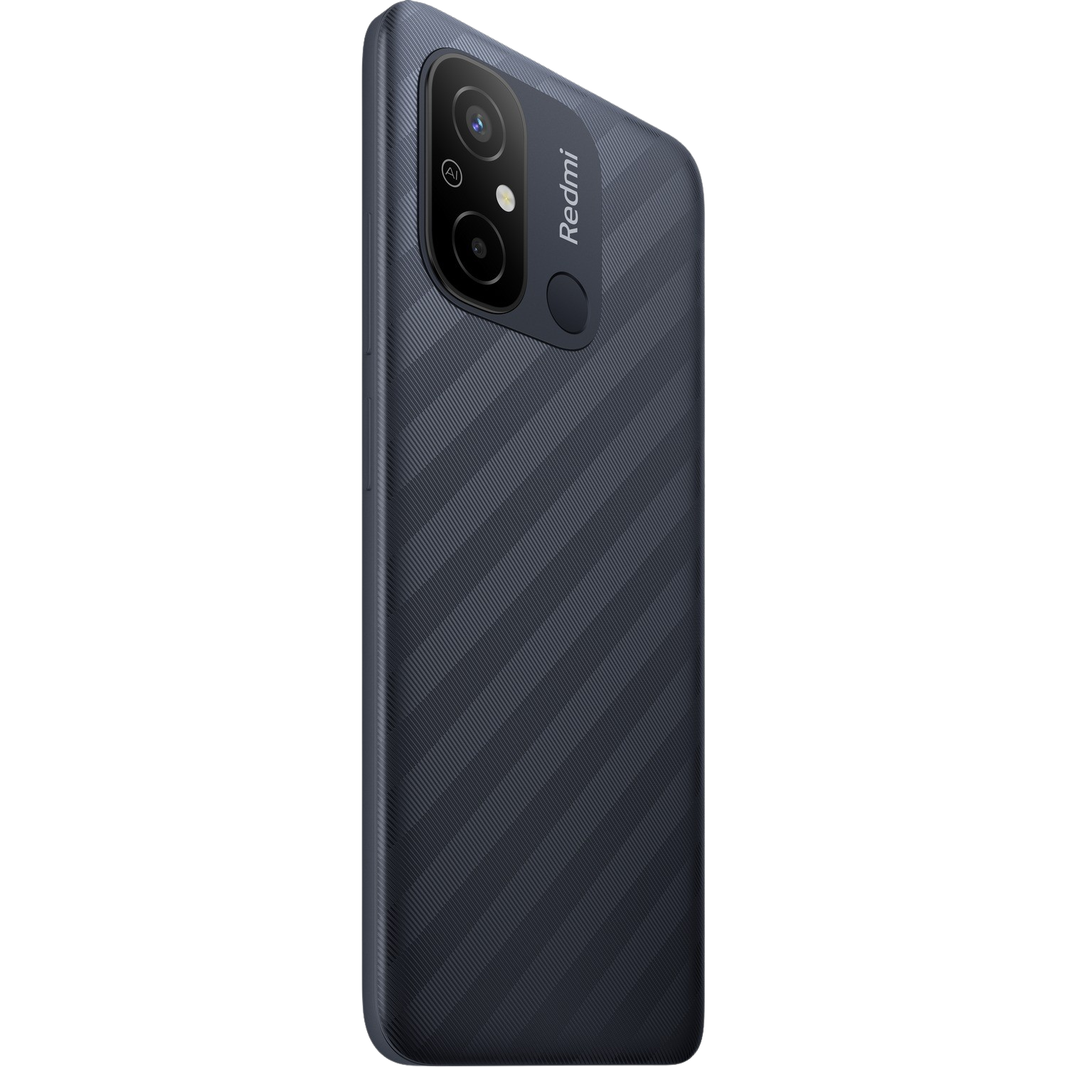 Ciemnoniebieski tył telefonu Redmi z aparatem i logo Redmi. Czarne tło.
