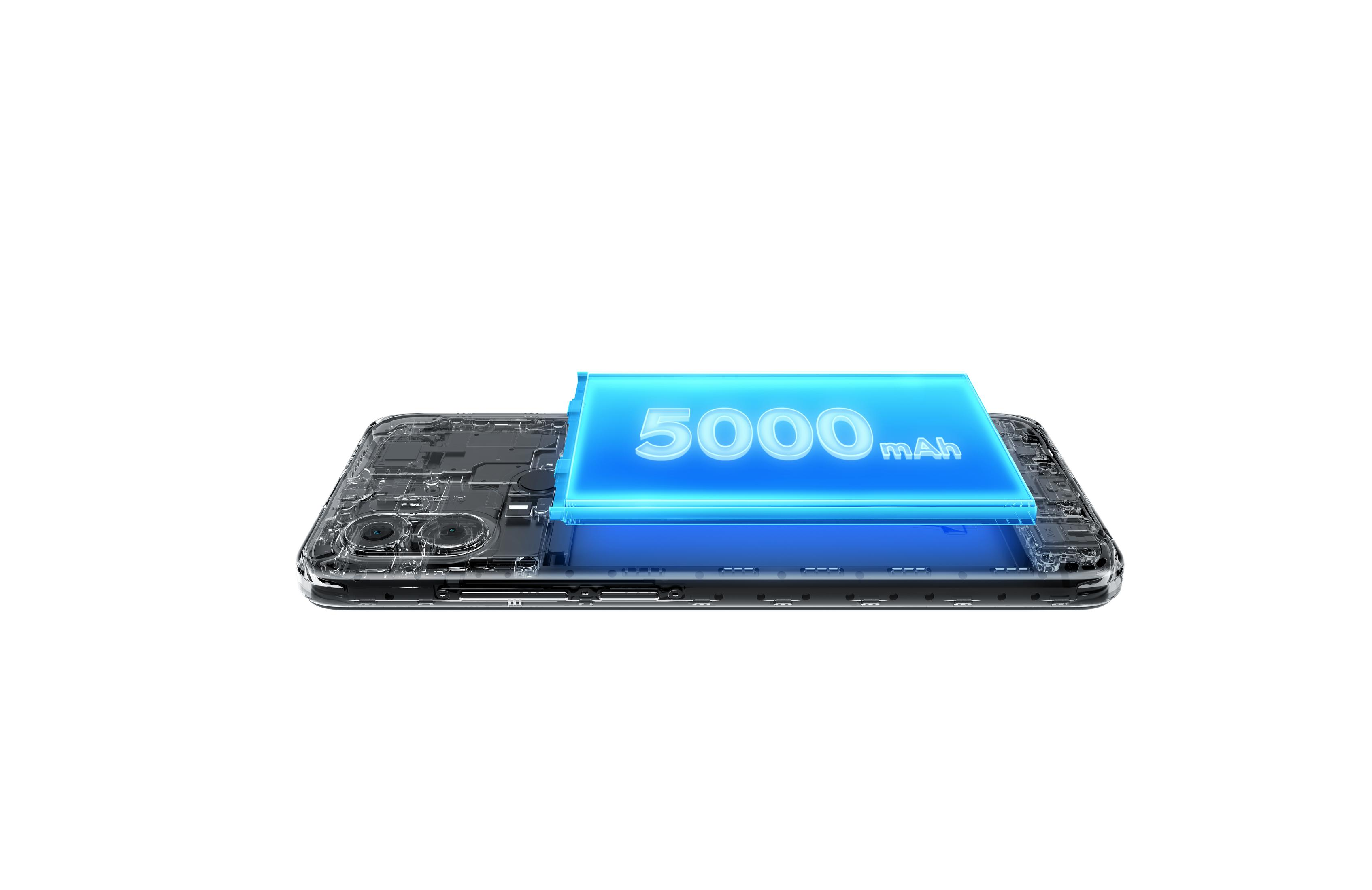 Smartphone-Komponenten. Eine blaue Batterie mit 5000 mAh Kapazität wird im Telefon hervorgehoben.