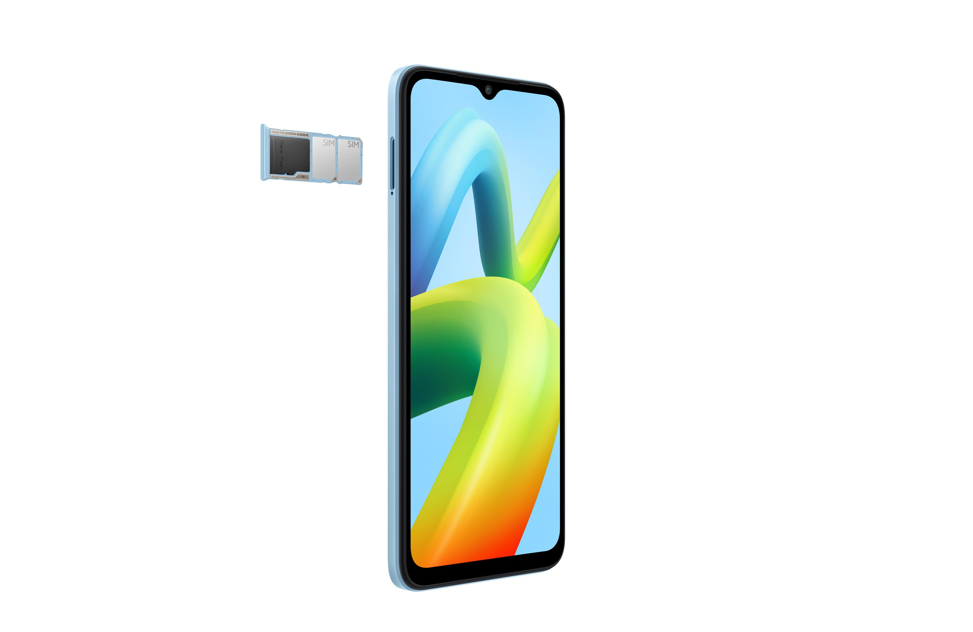 Blaues Smartphone mit farbenfrohem Display und SIM-Kartenfach, isoliert auf Weiß.