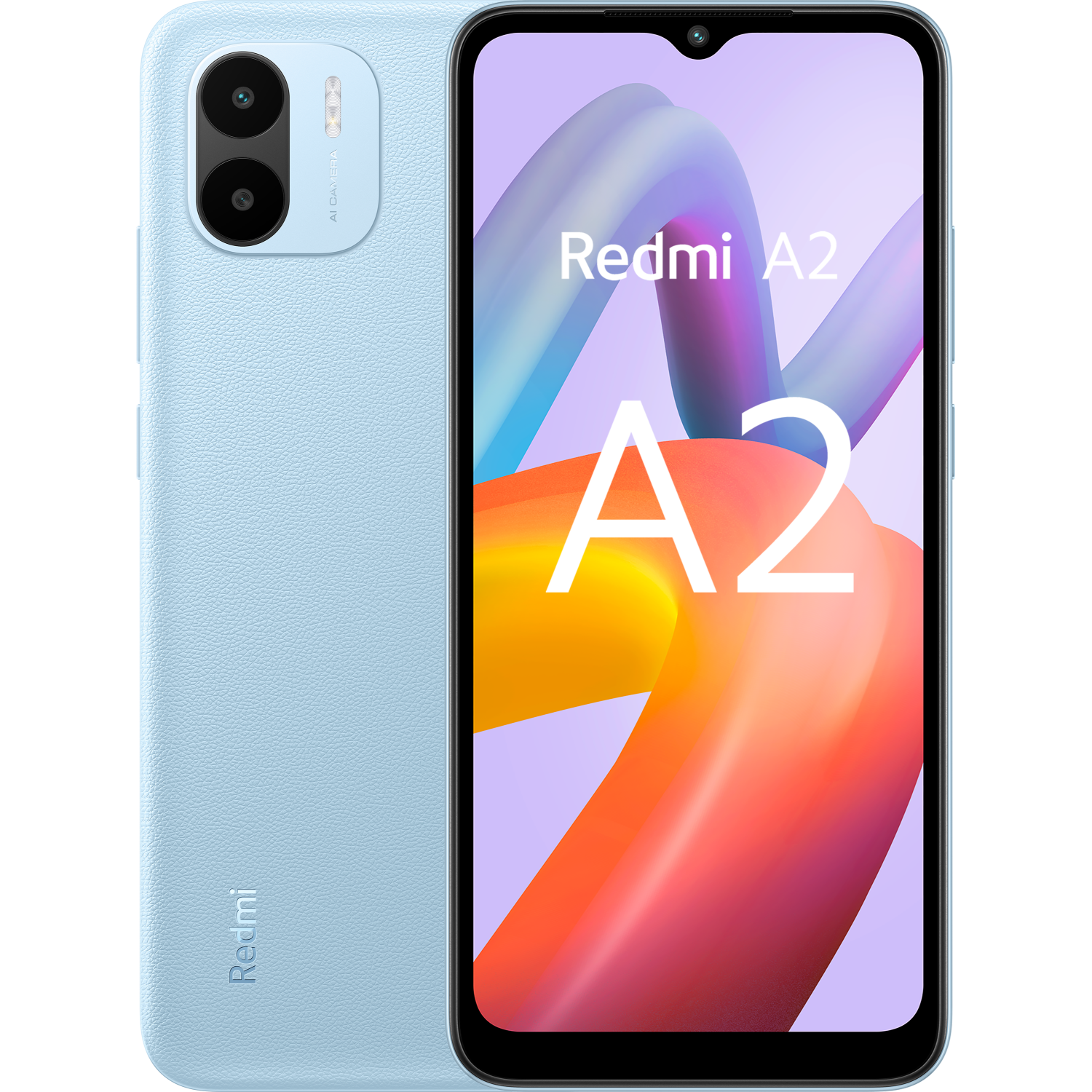 Hellblaues Redmi A2 Telefon, zeigt Bildschirm und Rückseite. Zeigt Redmi- und A2-Text.