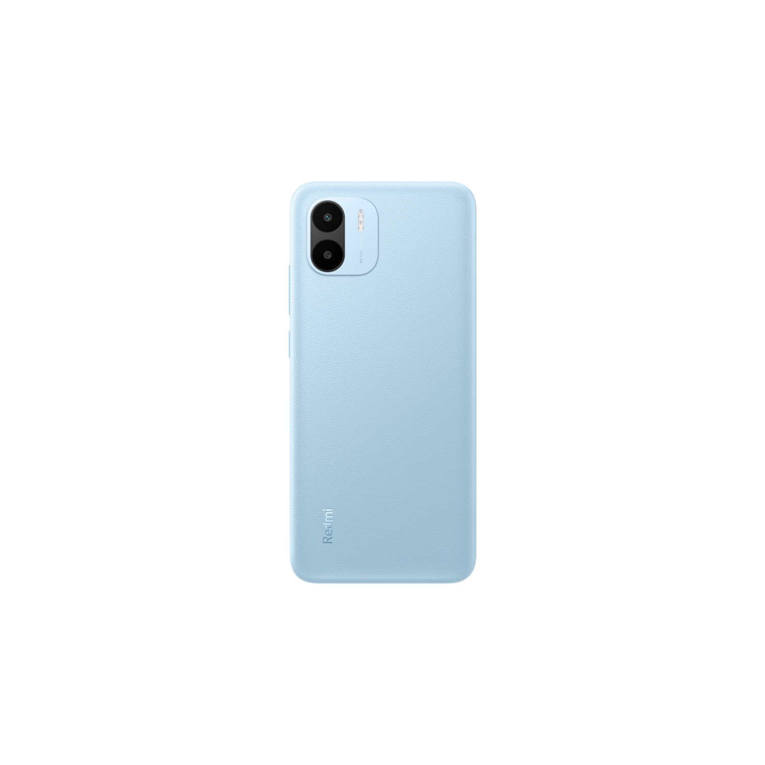 Hellblaues Telefon, Rückseite mit Redmi-Logo und Dual-Kamera-Setup.