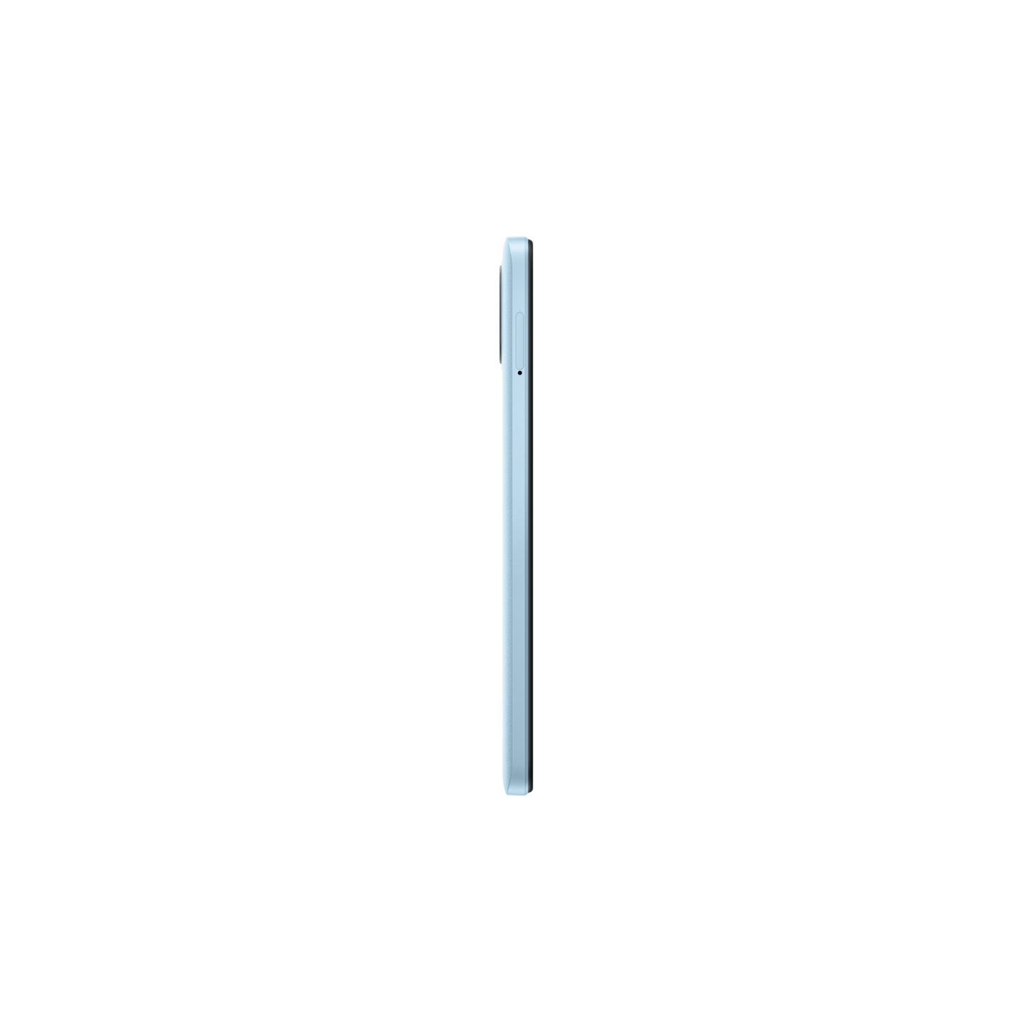 Seitenansicht eines hellblauen Telefons auf schwarzem Hintergrund, zeigt die Seitentasten.