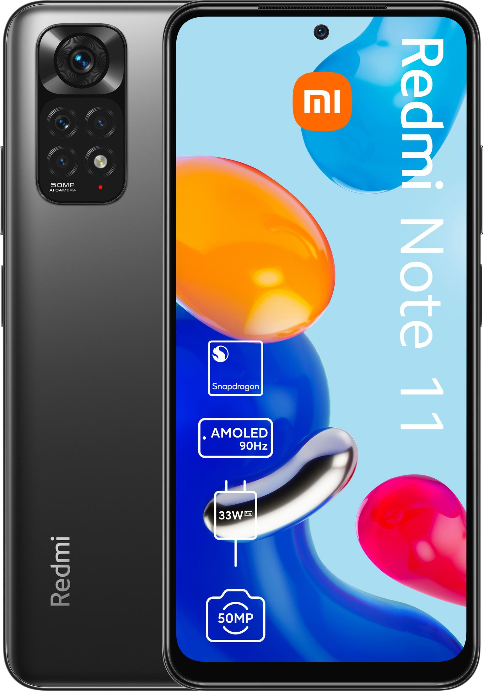Schwarzes Telefon mit Rückkamera und 'Redmi Note 11' und Funktionen auf dem Bildschirm.