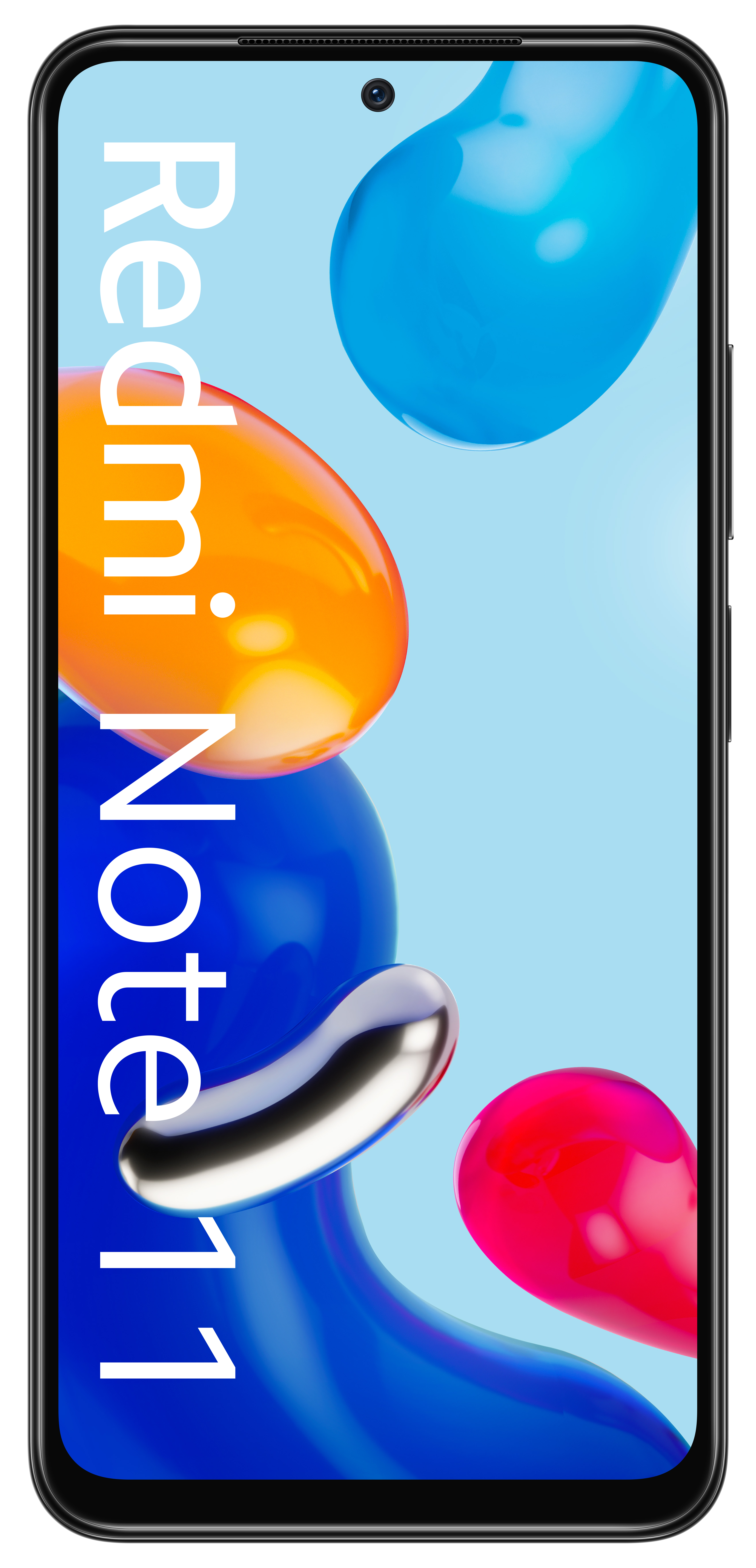 Smartfon z kolorowym ekranem, pokazujący tekst "Redmi Note 11" na niebieskim tle.
