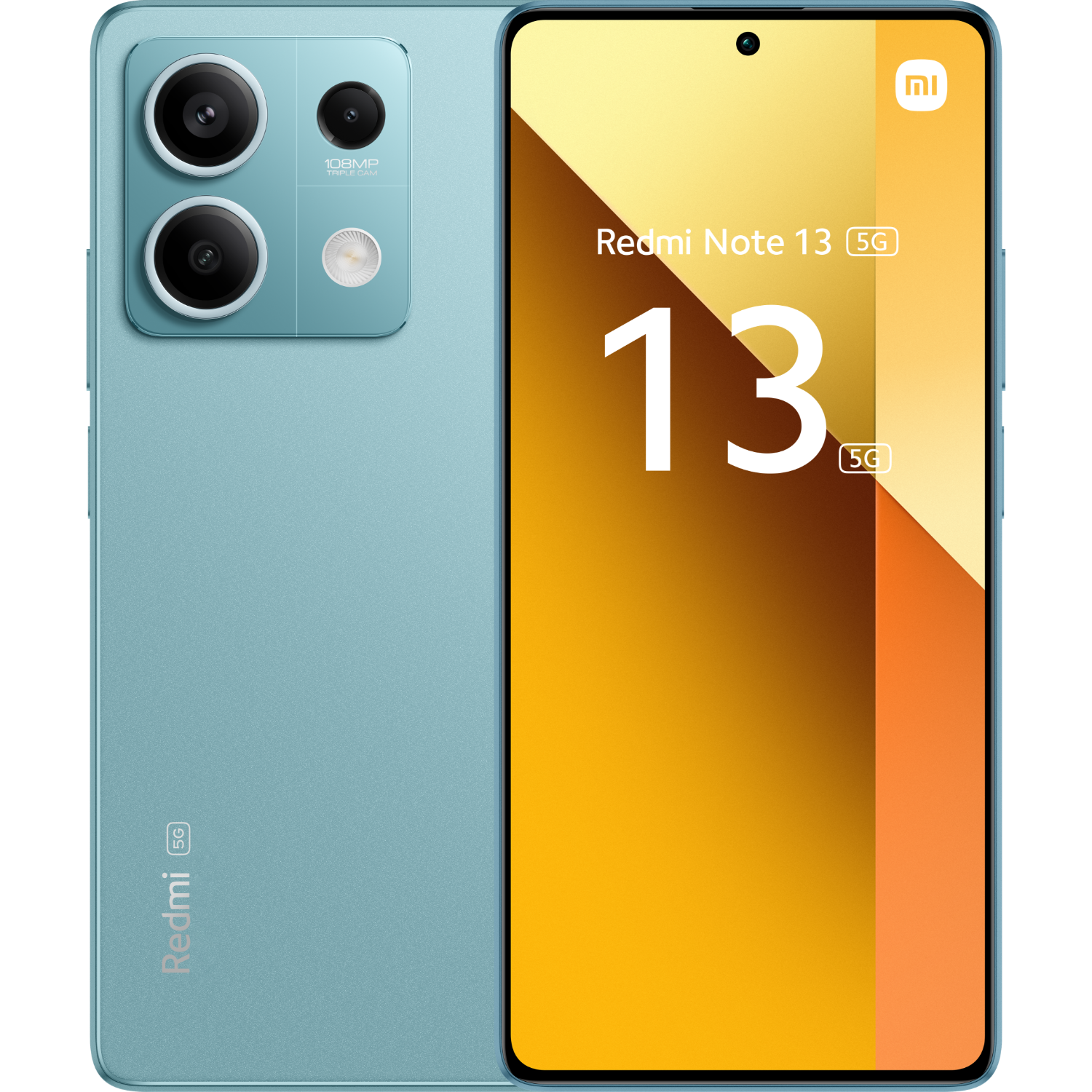 Niebieski smartfon z potrójnym aparatem i marką Redmi Note 13 5G.