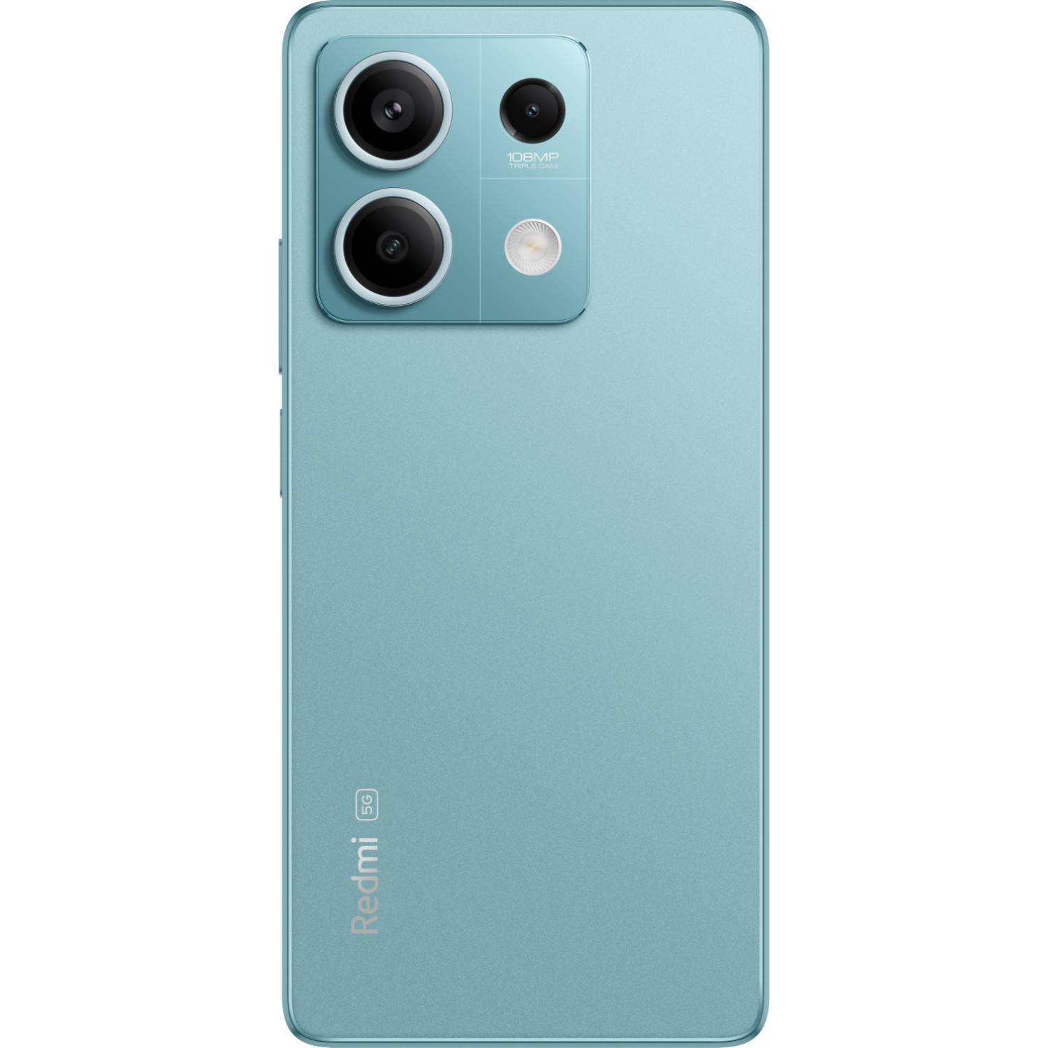 Widok z tyłu jasnoniebieskiego telefonu z potrójnym aparatem. Logo Redmi 5G na dole.