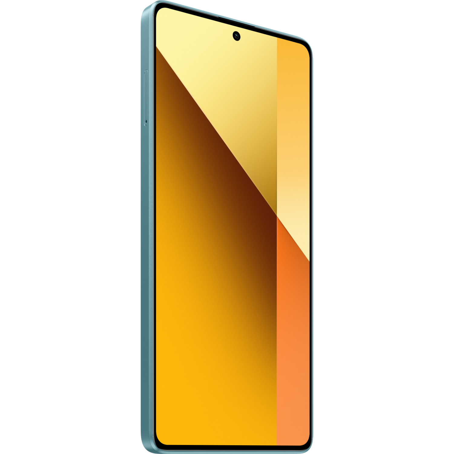 Jasnoniebieski smartfon ze złotym ekranem. Czarne tło. Telefon z boku.