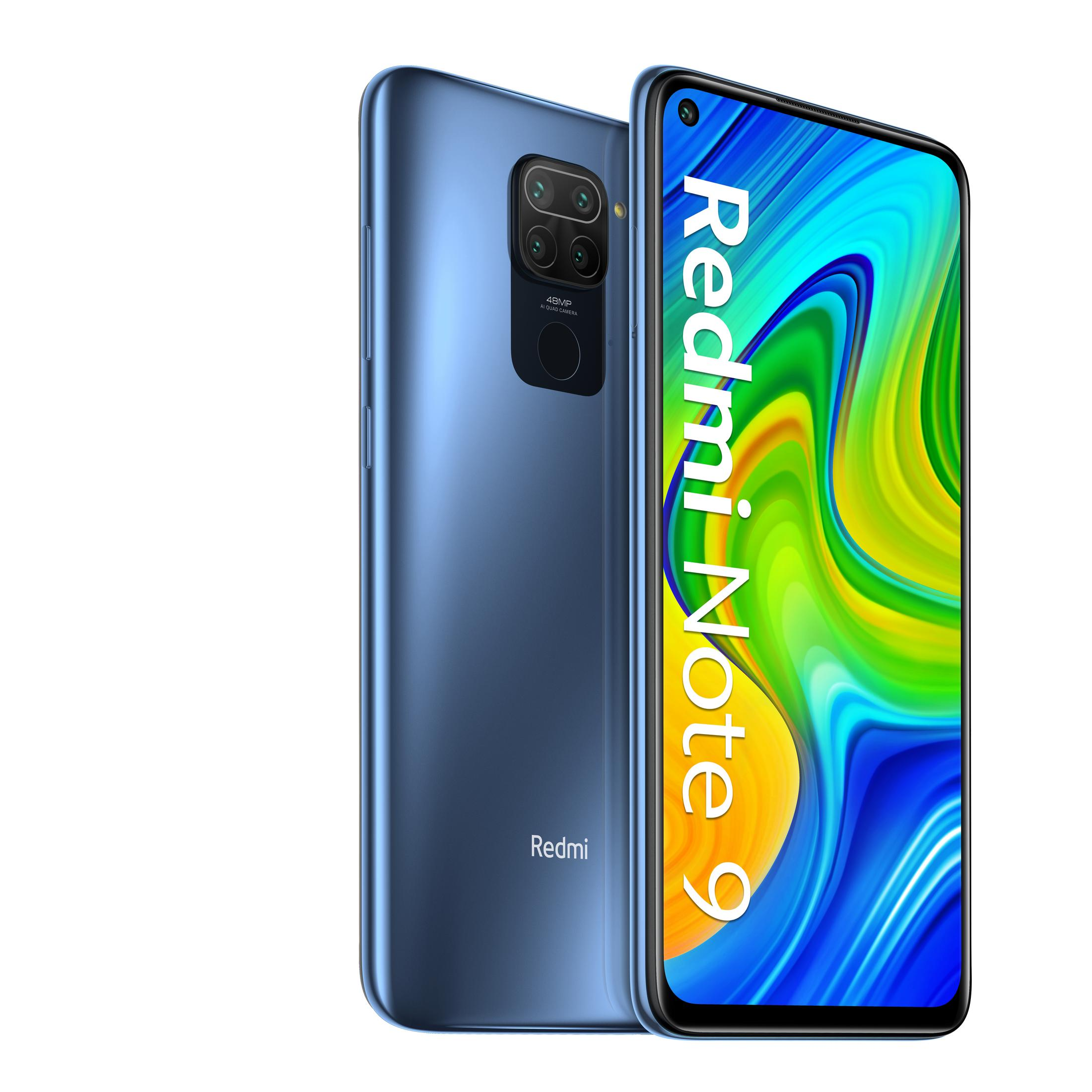 A blue smartphone with its back and front view. The screen displays a colorful image.