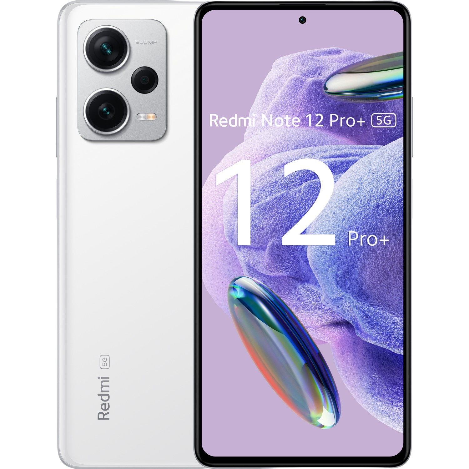 Biały telefon Redmi pokazuje ekran i tył. Ma wiele aparatów i nazwę marki.