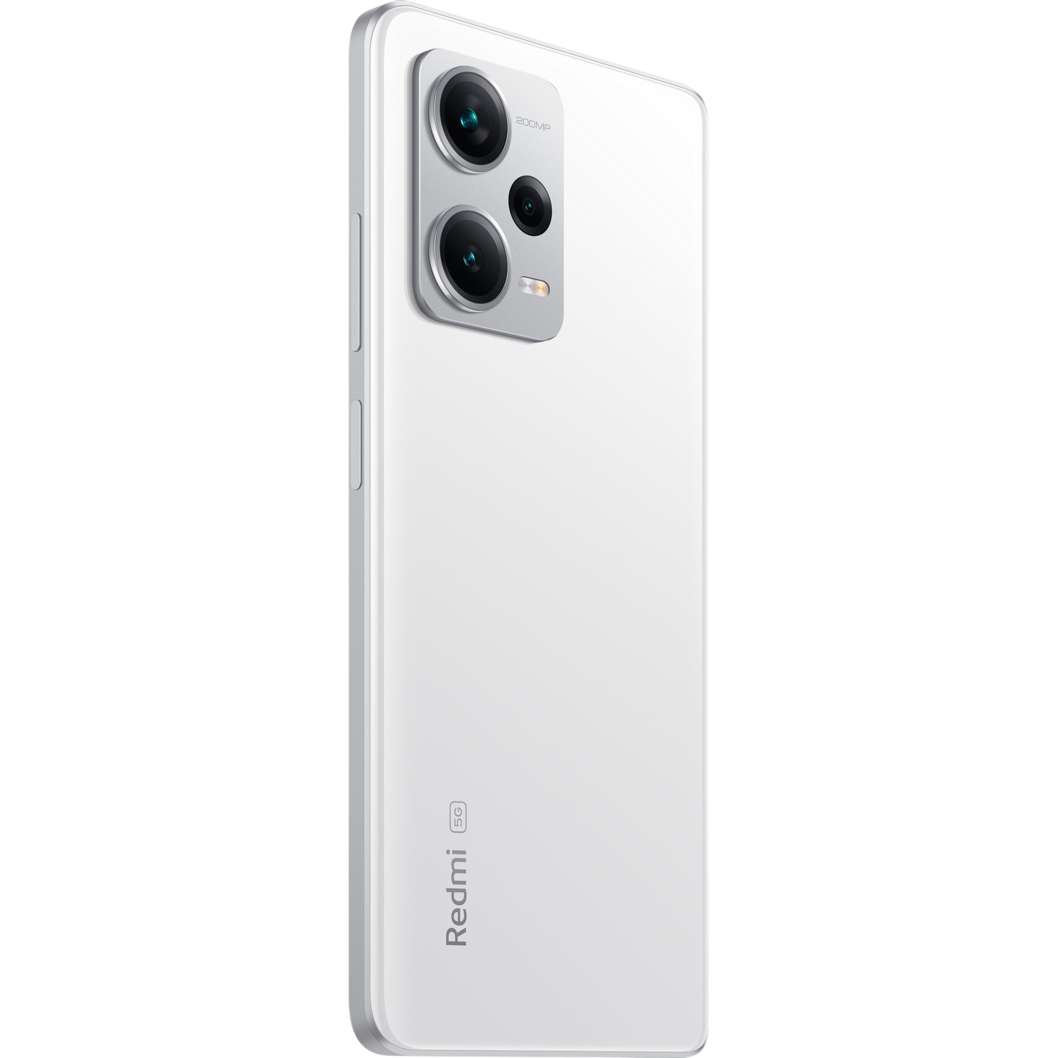 Biały smartfon, widok z tyłu, z wieloma aparatami i widoczną nazwą marki Redmi 5G.