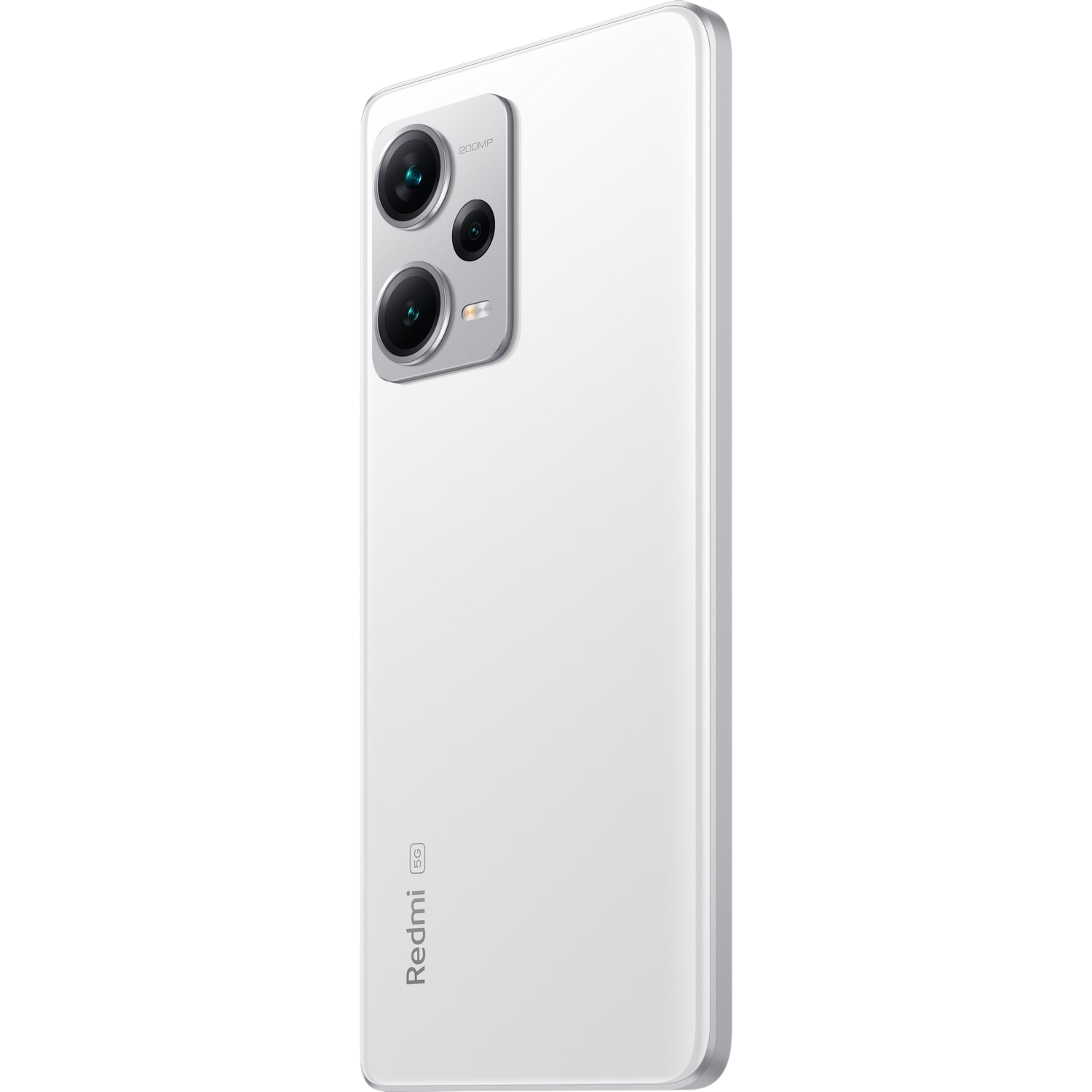 Biały smartfon z aparatem. Logo Redmi na dole. Izolowany na czarnym tle.