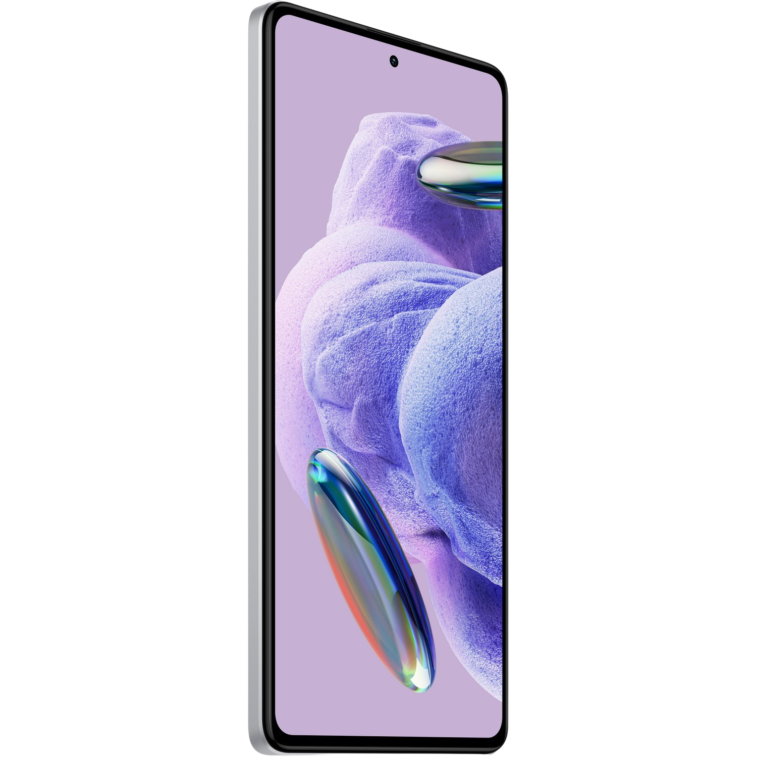 Smartfon z kolorowym wyświetlaczem. Telefon ma srebrną ramkę.