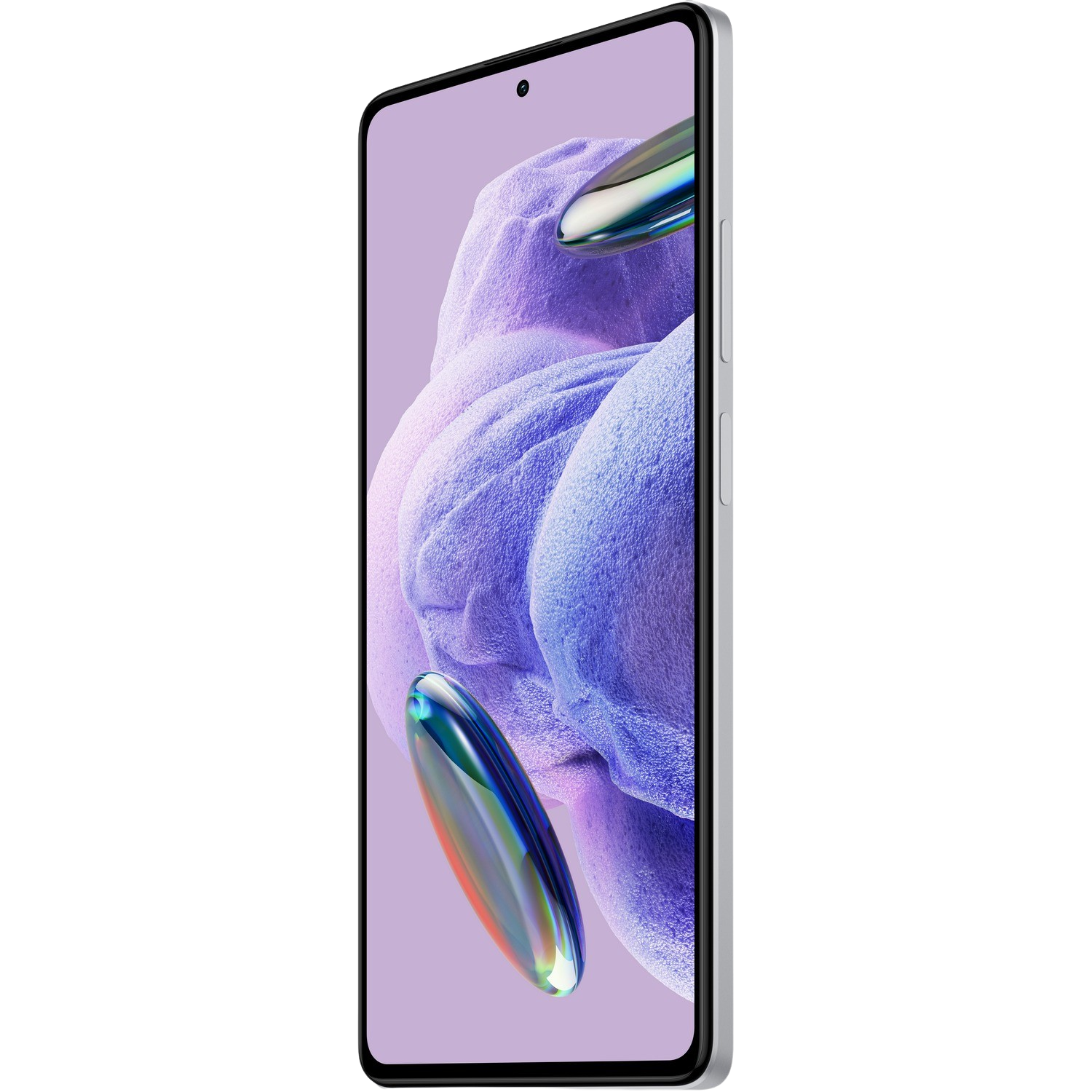 Smartfon, widok z boku, z fioletowym ekranem i metalową ramką, z rozmytym tłem.