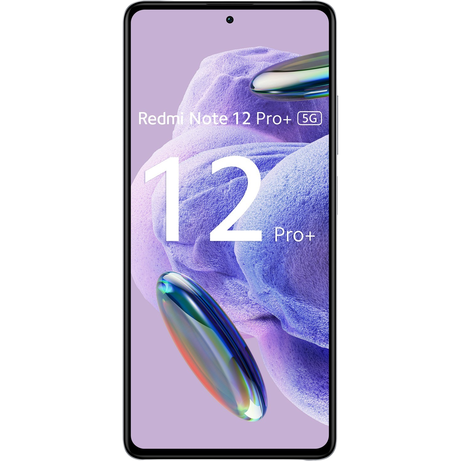 Telefon Redmi Note 12 Pro+ 5G na fioletowym tle z dużym tekstem '12 Pro+'.