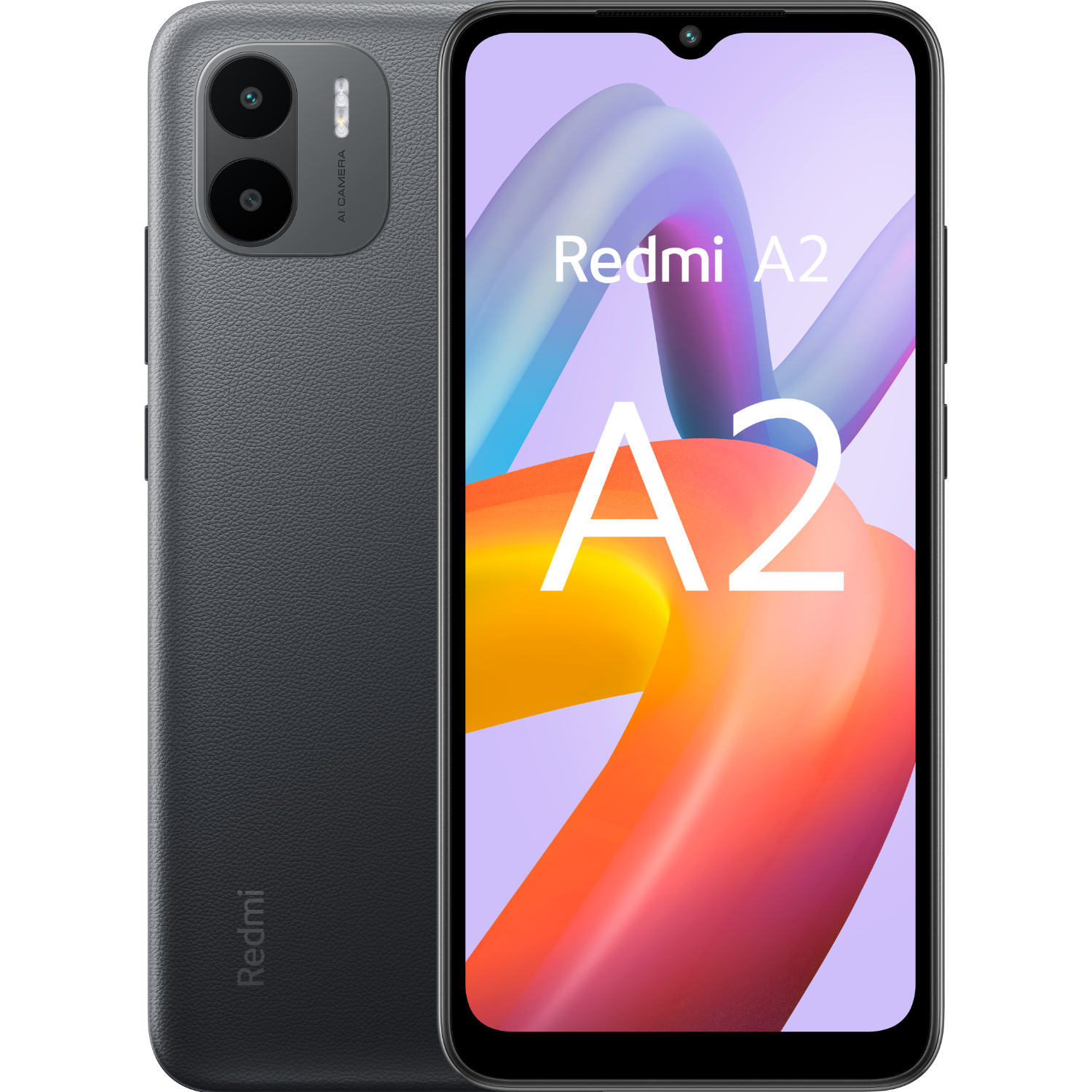 Telefono Redmi A2 nero su sfondo nero, che mostra lo schermo.