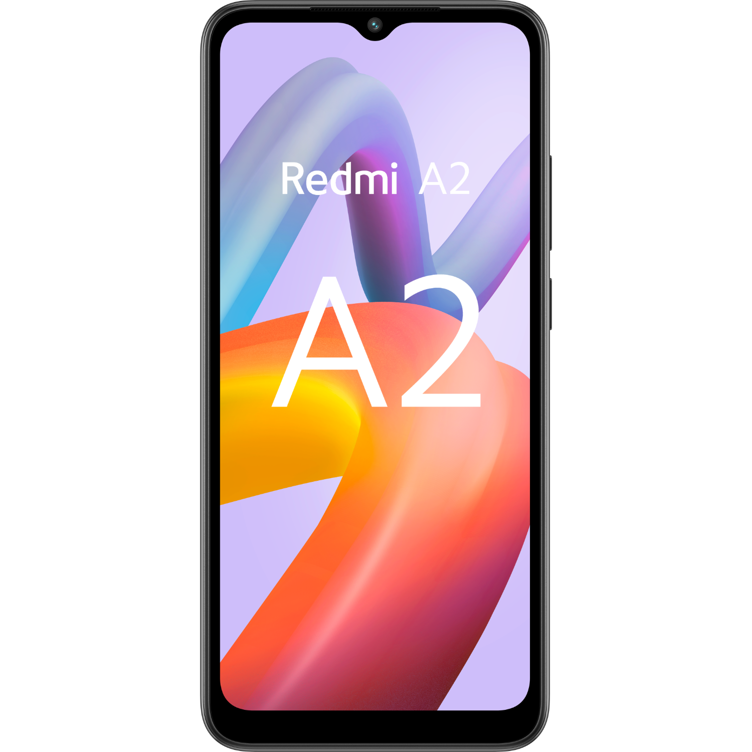 Telefono Redmi A2 nero su sfondo nero, con design astratto colorato.