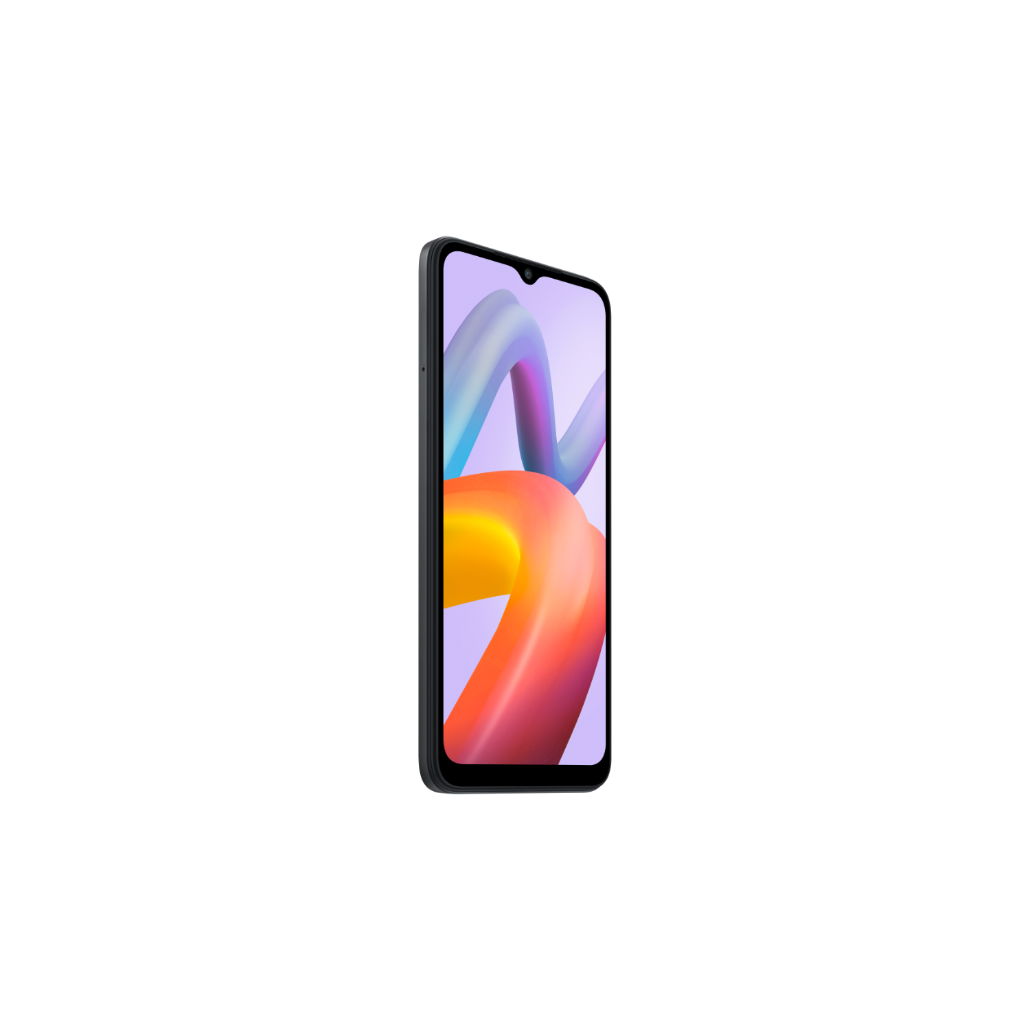 Telefono nero con design astratto colorato sullo schermo. Sfondo nero.