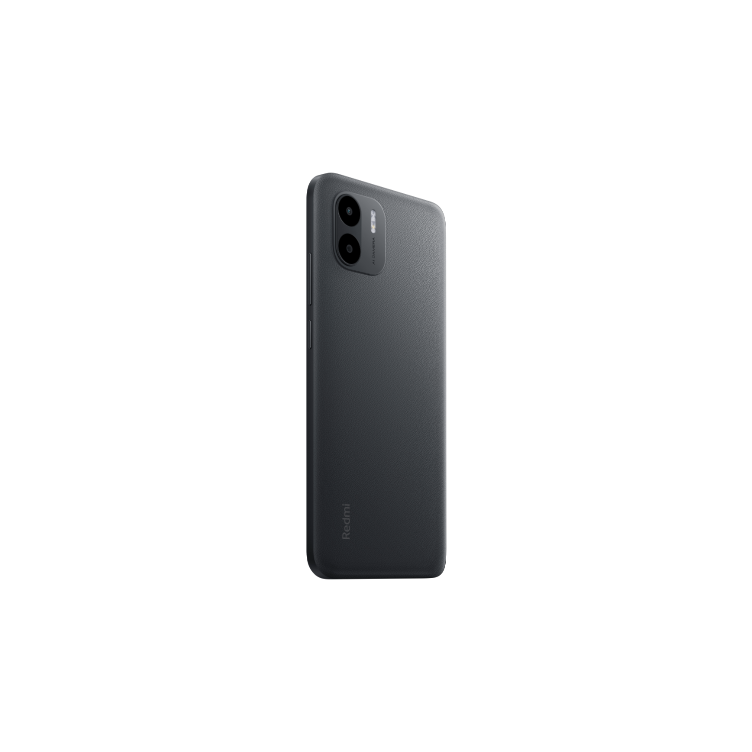 Telefono Redmi grigio scuro, che mostra il retro con fotocamera e logo, su sfondo nero.