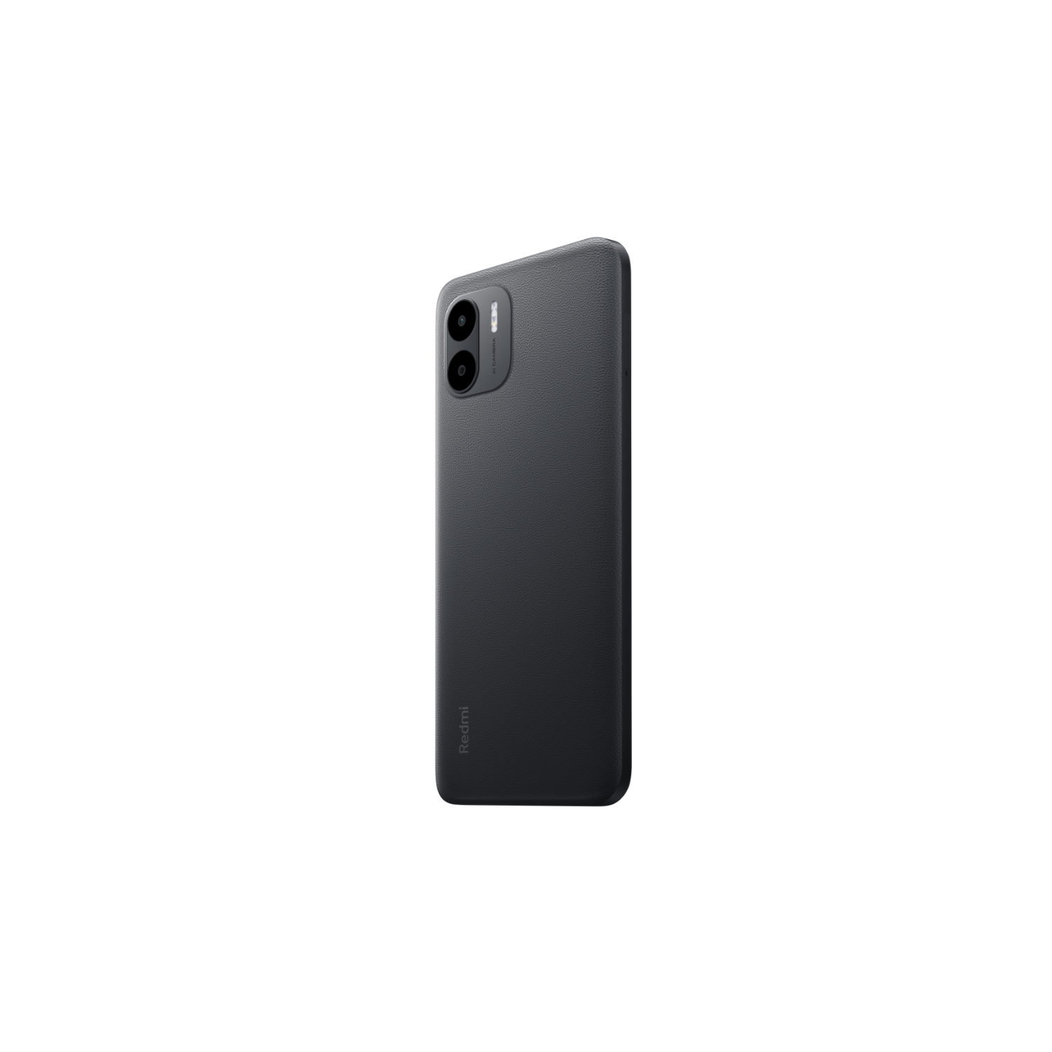 Vista posteriore di un telefono grigio scuro con due fotocamere su sfondo nero.