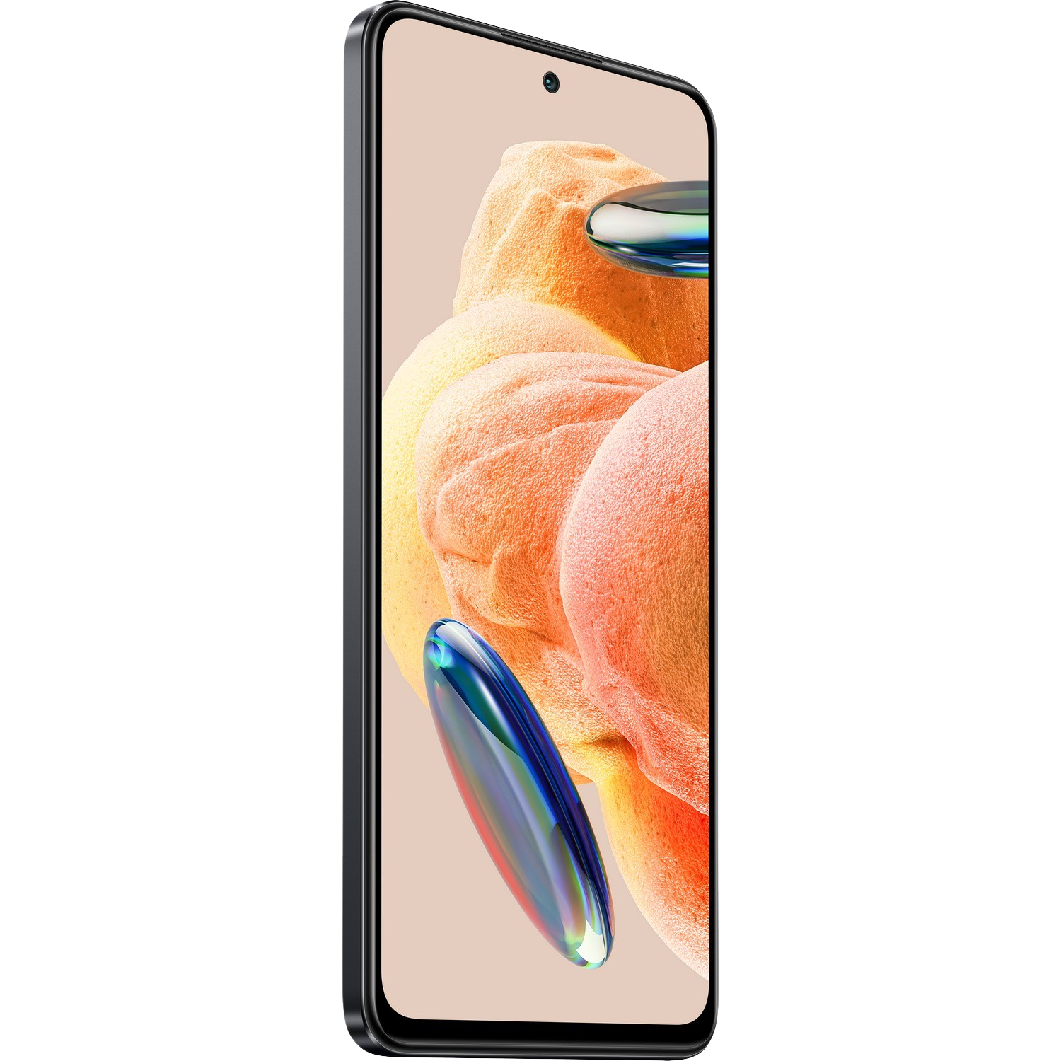 Czarny telefon z kolorowym abstrakcyjnym tłem i aparatem.