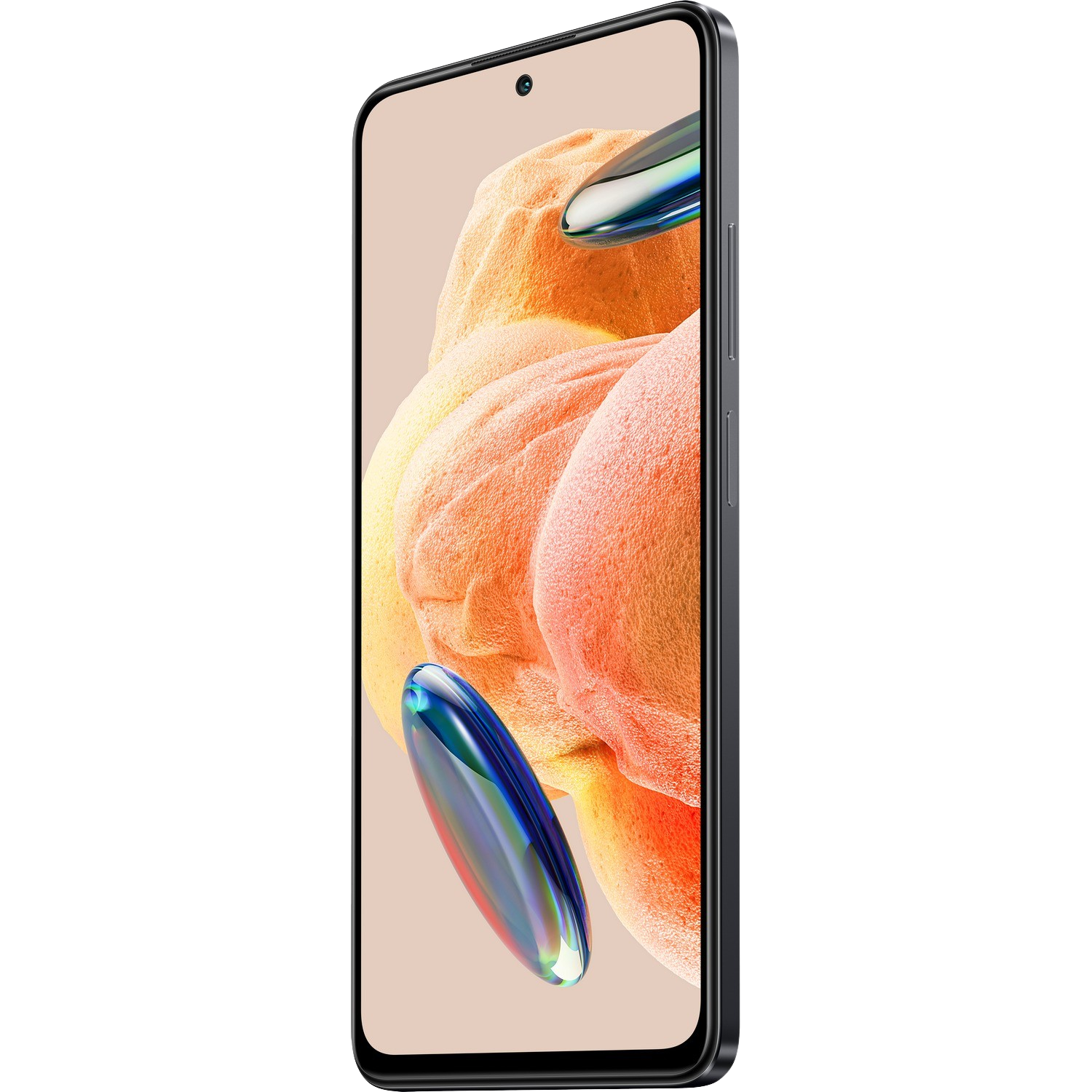 Smartfon z kolorowym ekranem, lekko pochylony na czarnym tle.