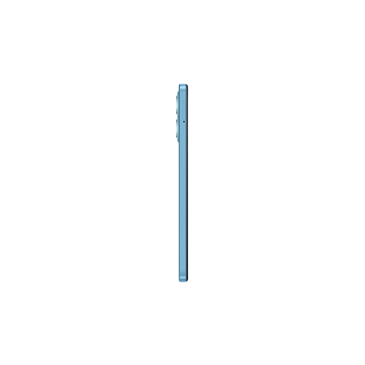 Profil boczny jasnoniebieskiego smartfona na czarnym tle, pokazujący krawędź.