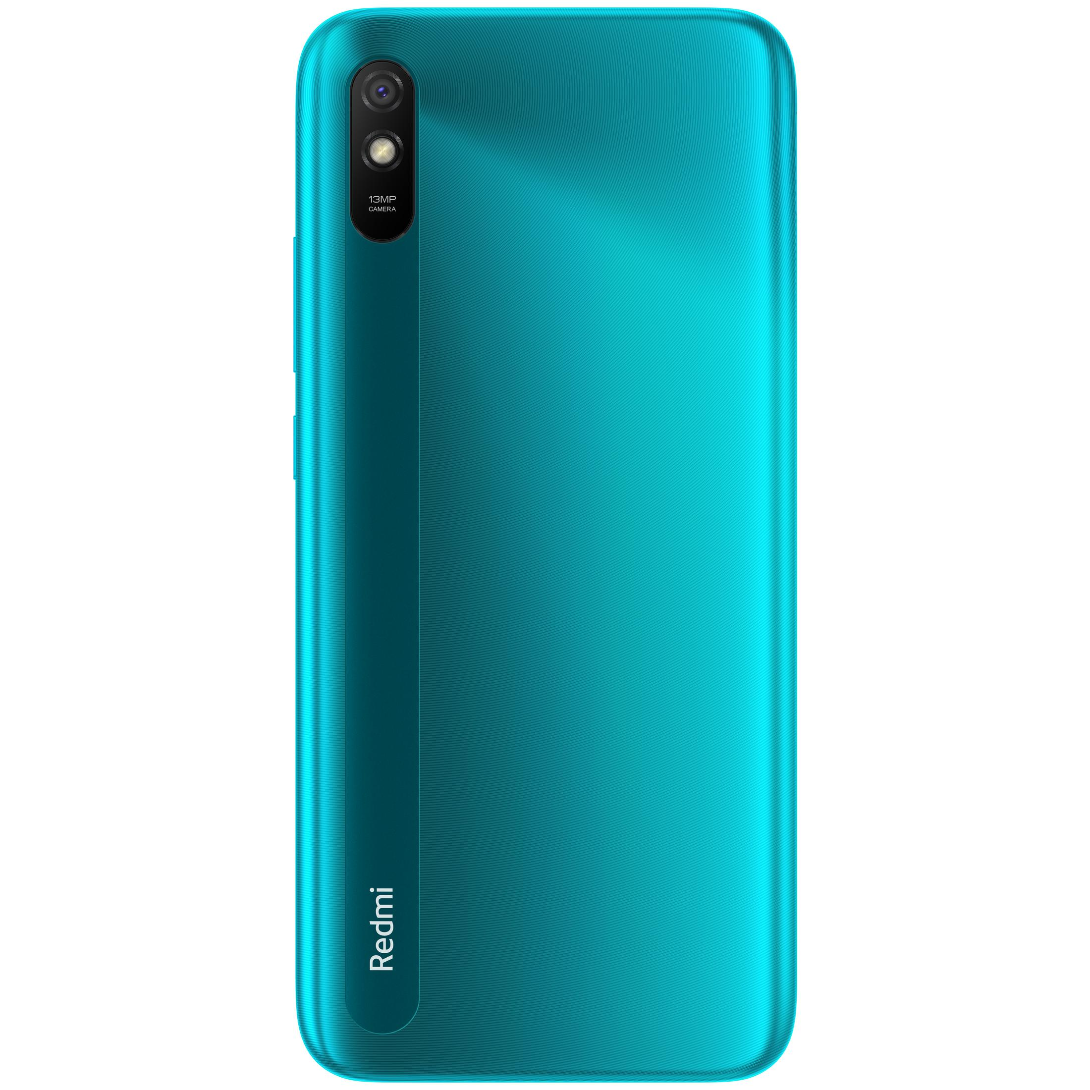 Rückseite eines teal-farbenen Telefons. Verfügt über eine Kamerahöcker mit 13MP Kamera und die Marke Redmi.