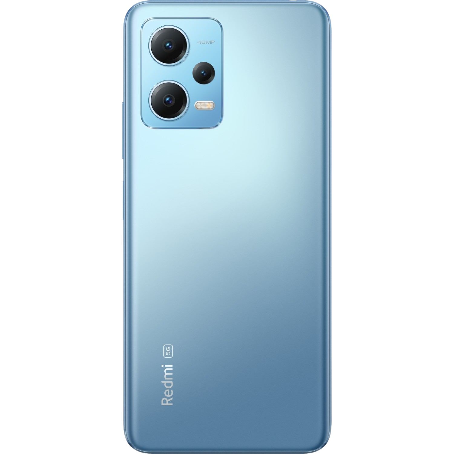 Ein hellblaues Telefon, Rückansicht. Verfügt über Dreifachkameras und das Redmi 5G-Logo.