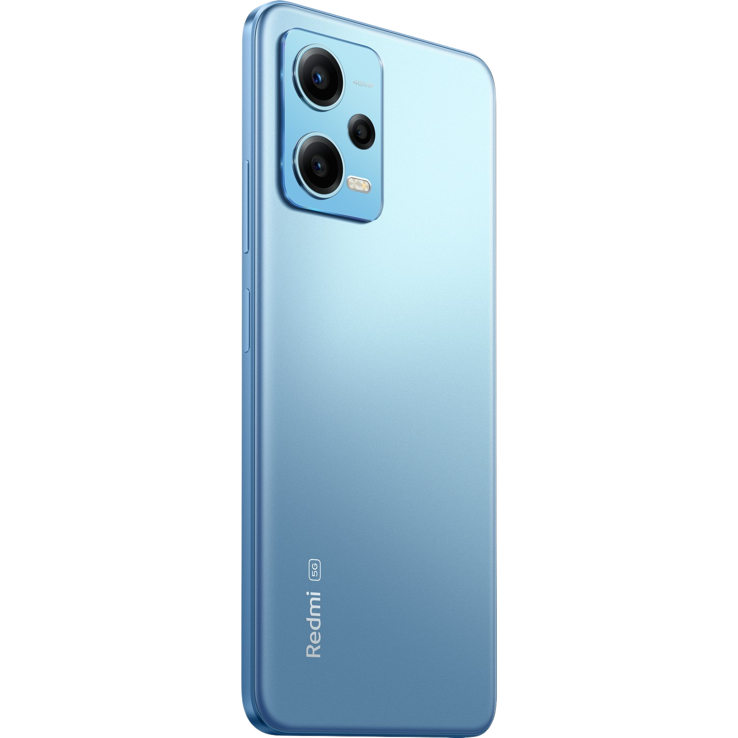 Blaues Smartphone mit Kameralinsen. Redmi 5G-Logo unten. Schwarzer Hintergrund.