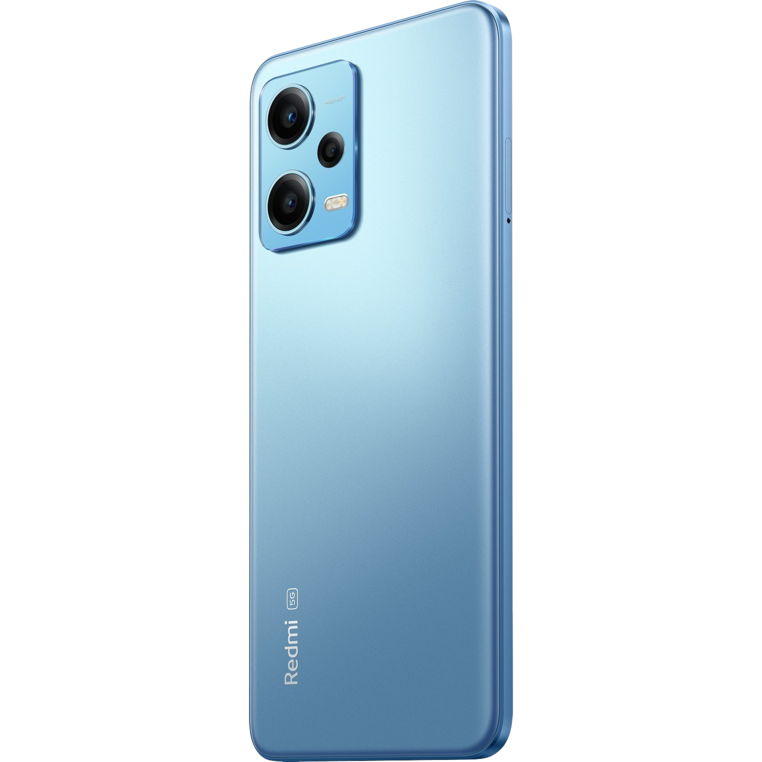 Hellblaues Smartphone-Rückseite, mit Kameras und Logo, vor schwarzem Hintergrund.