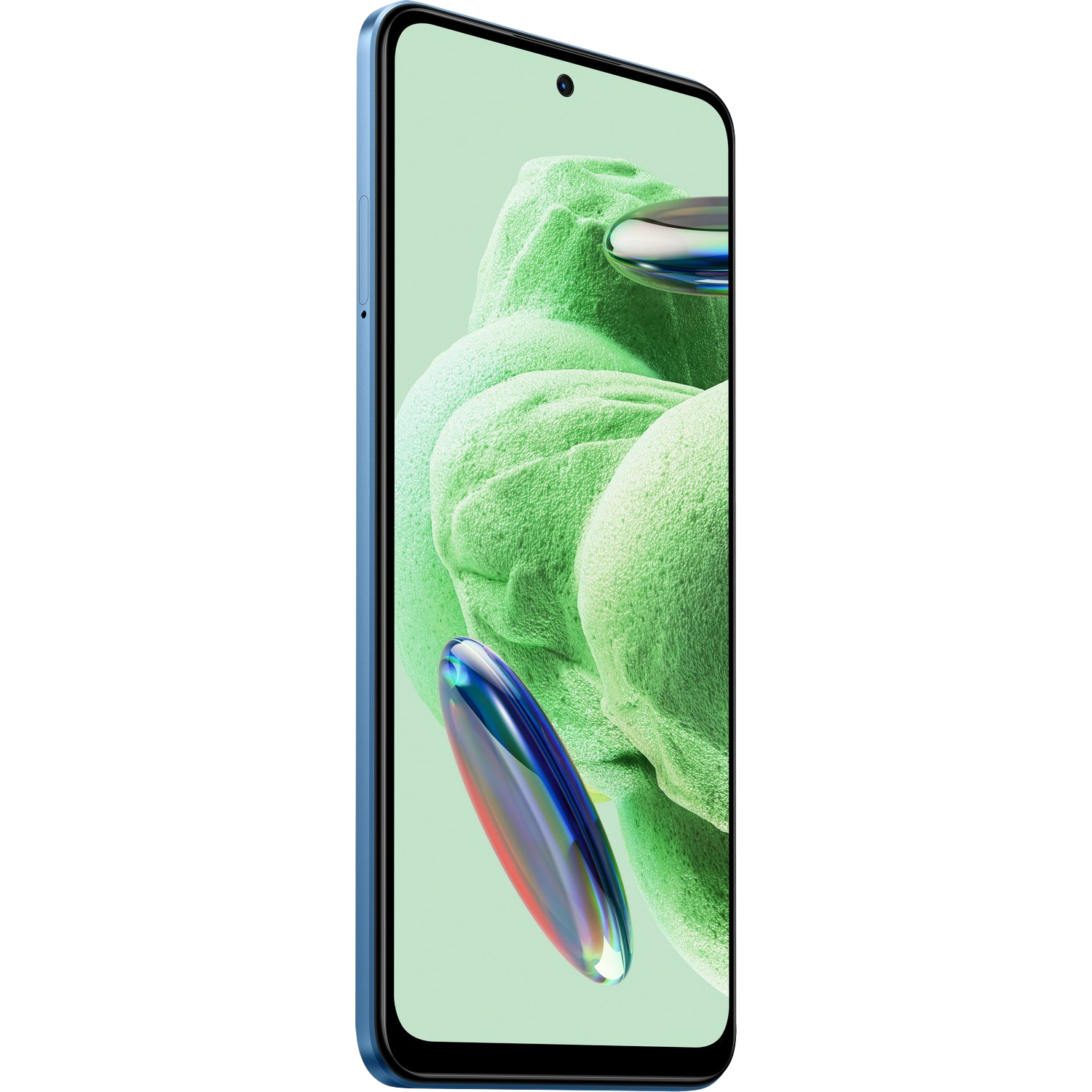 Ein blaues Telefon mit grünem Hintergrund. Das Telefon zeigt ein grünes und blaues abstraktes Bild.