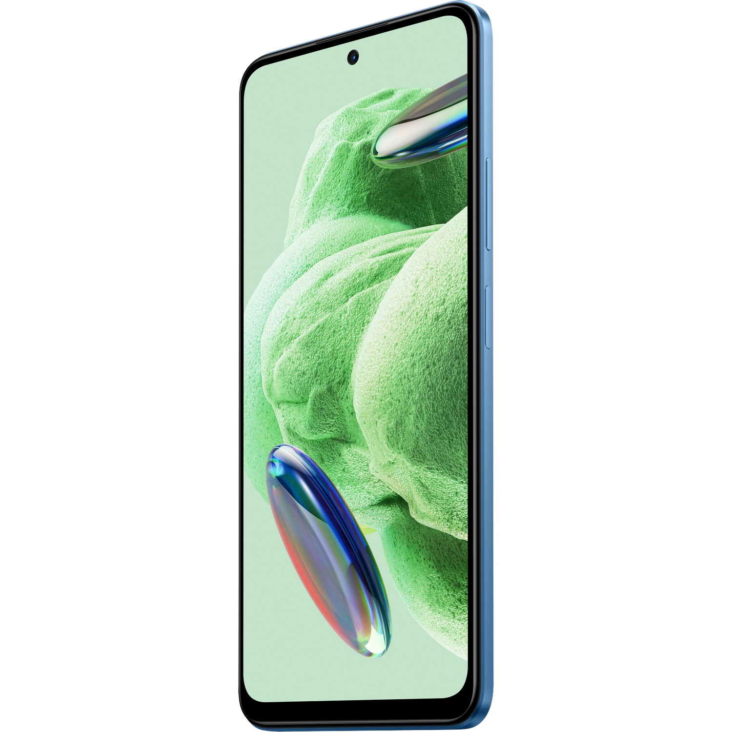 Blaues Smartphone, Bildschirm zeigt grüne abstrakte Formen. Schwarzer Hintergrund, Seitenansicht.