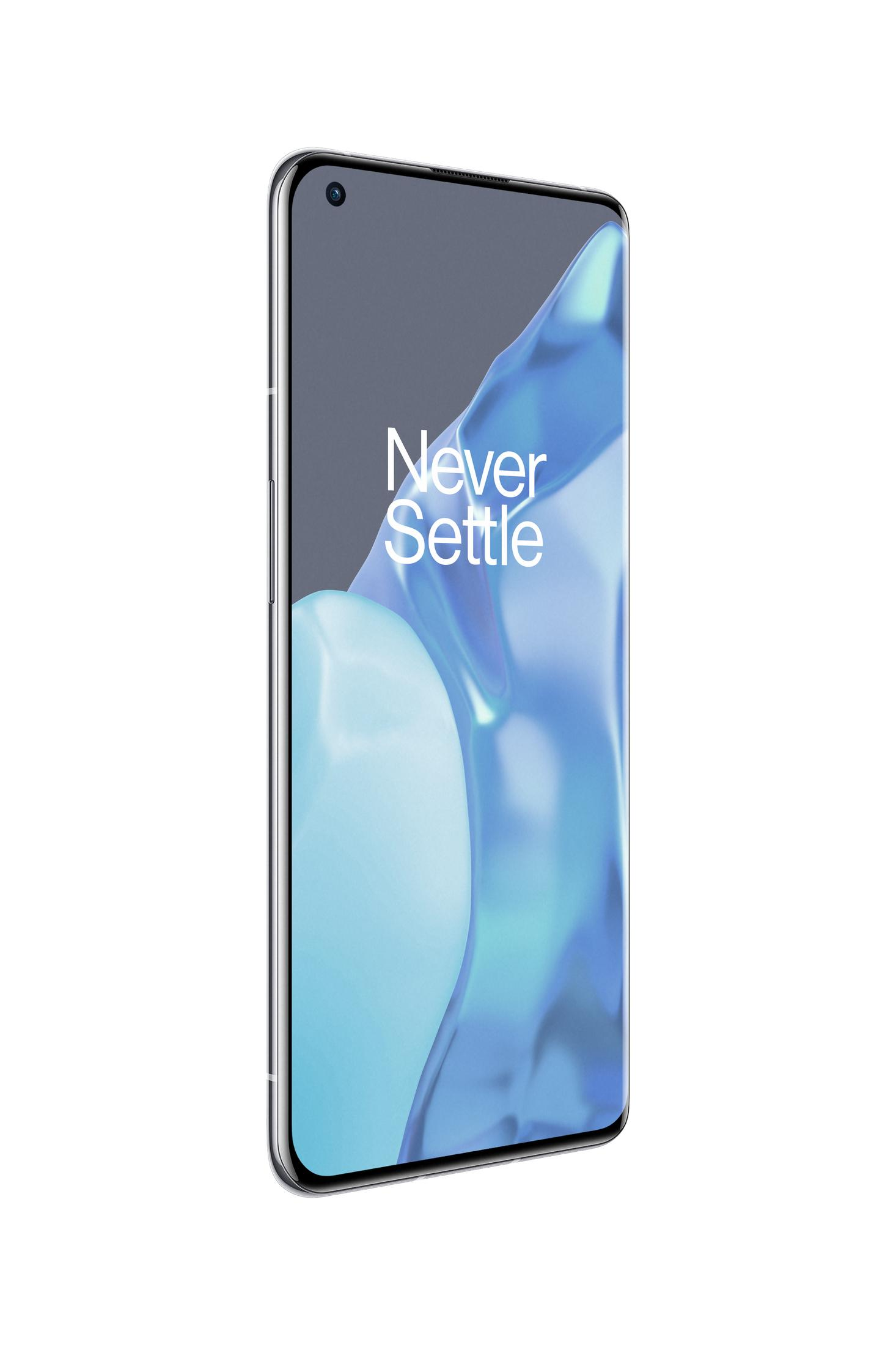 Un smartphone con una pantalla blanca con el texto 'Never Settle'.