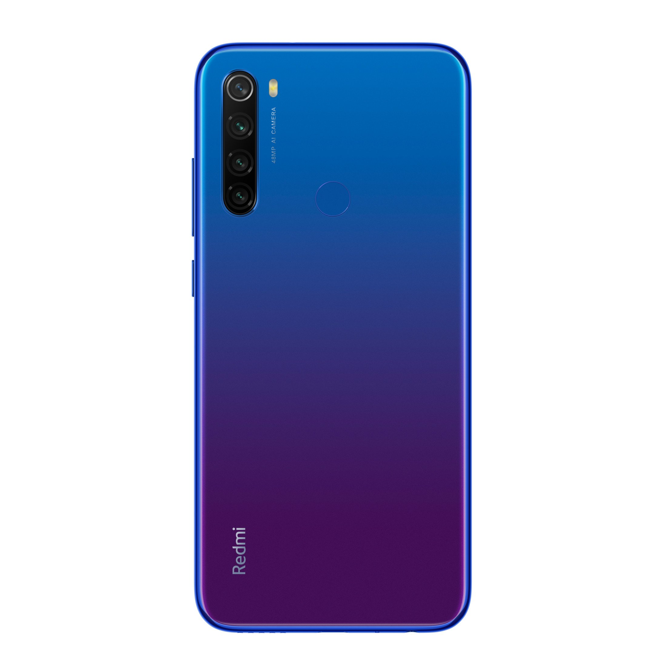 Niebiesko-fioletowy gradient tyłu smartfona z logo Redmi.