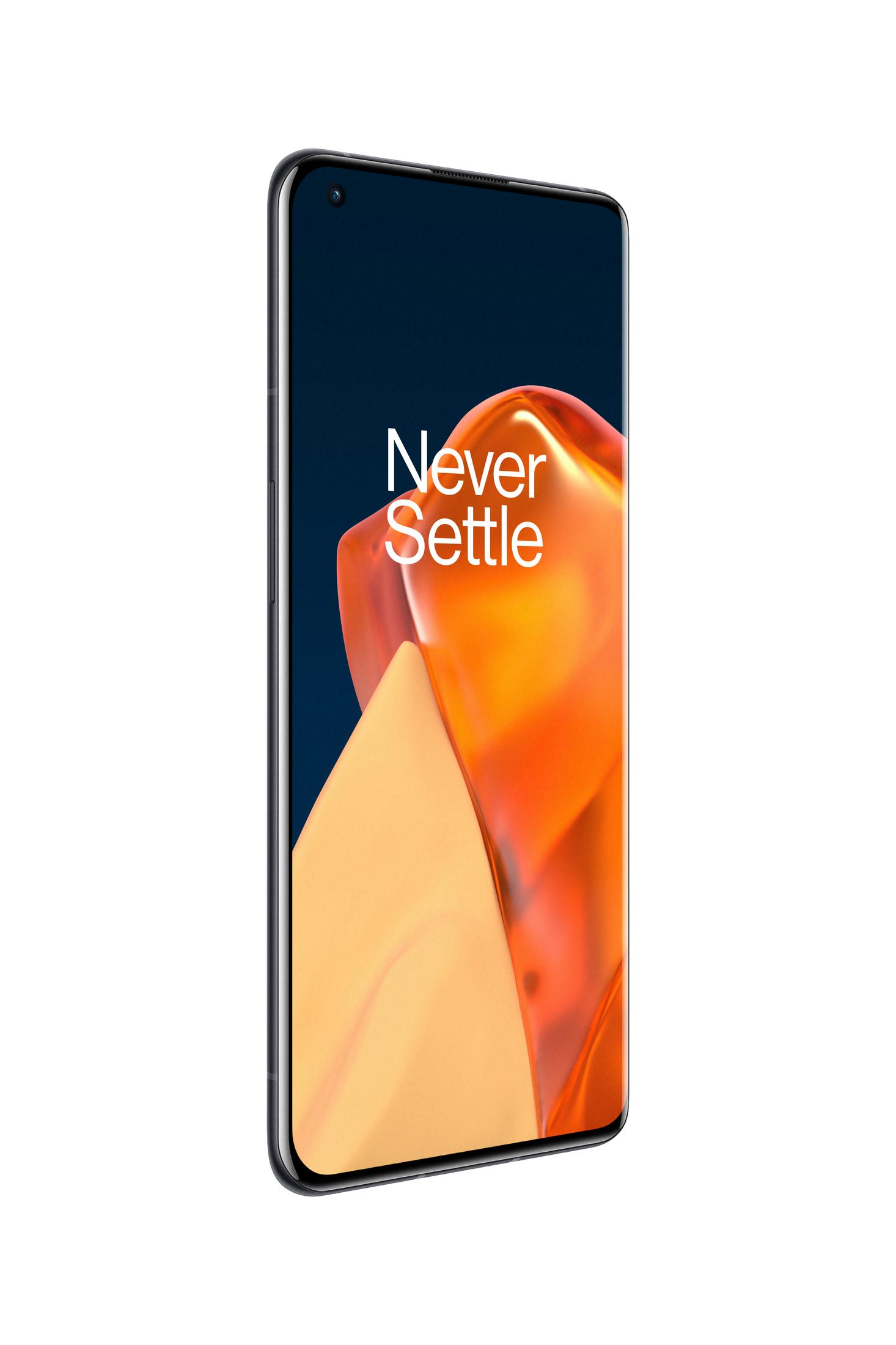 A smartphone with a large screen displaying "Never Settle", an orange and yellow design.