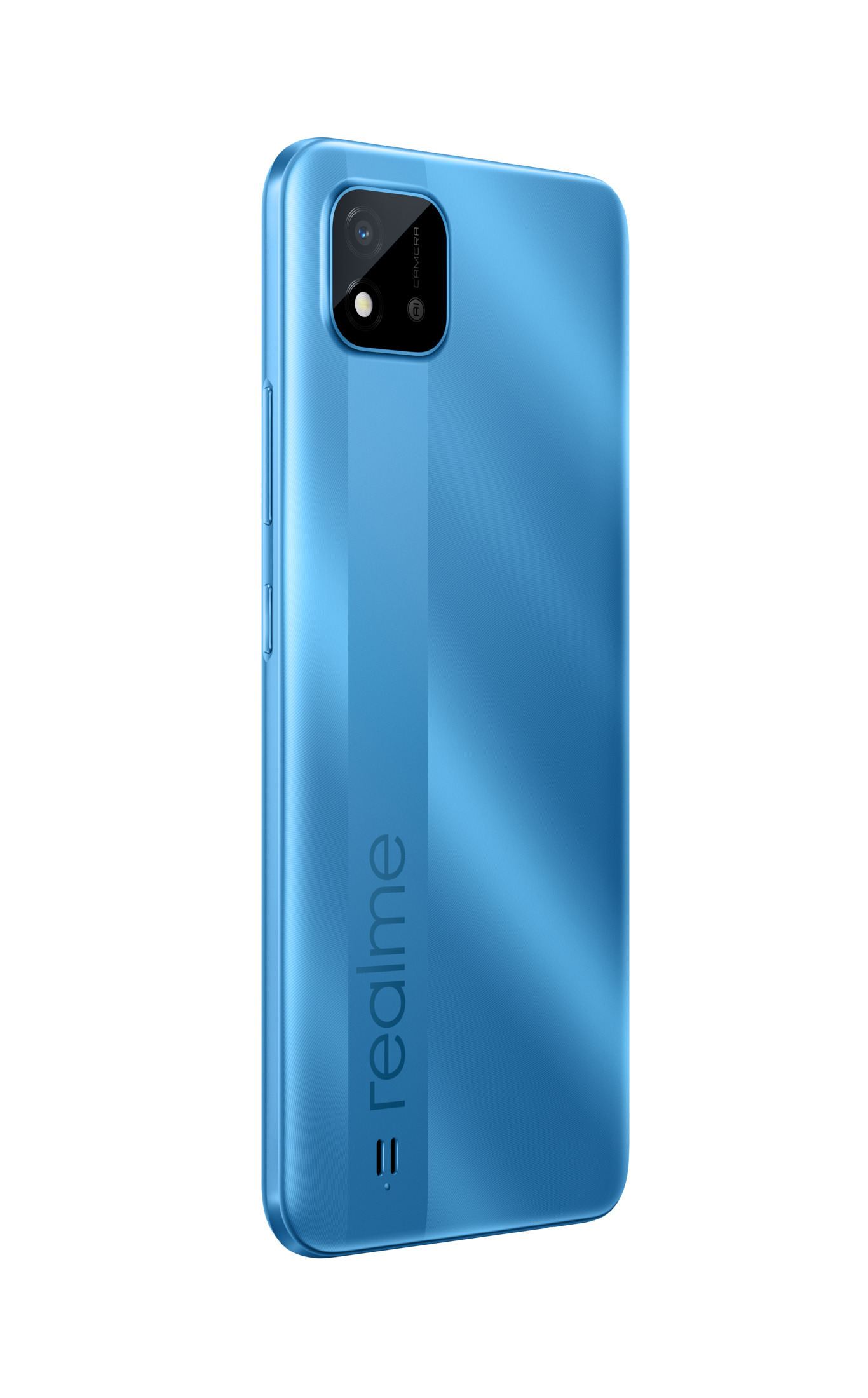 Blaues Smartphone, Rückansicht. Das Telefon hat ein Kameramodul und das Wort 'realme' vertikal.