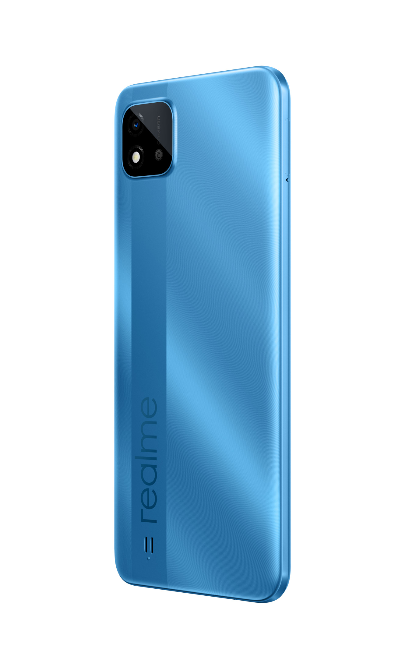 Blaues Smartphone mit der Rückseite zur Kamera. Das Kameraobjektiv ist sichtbar.
