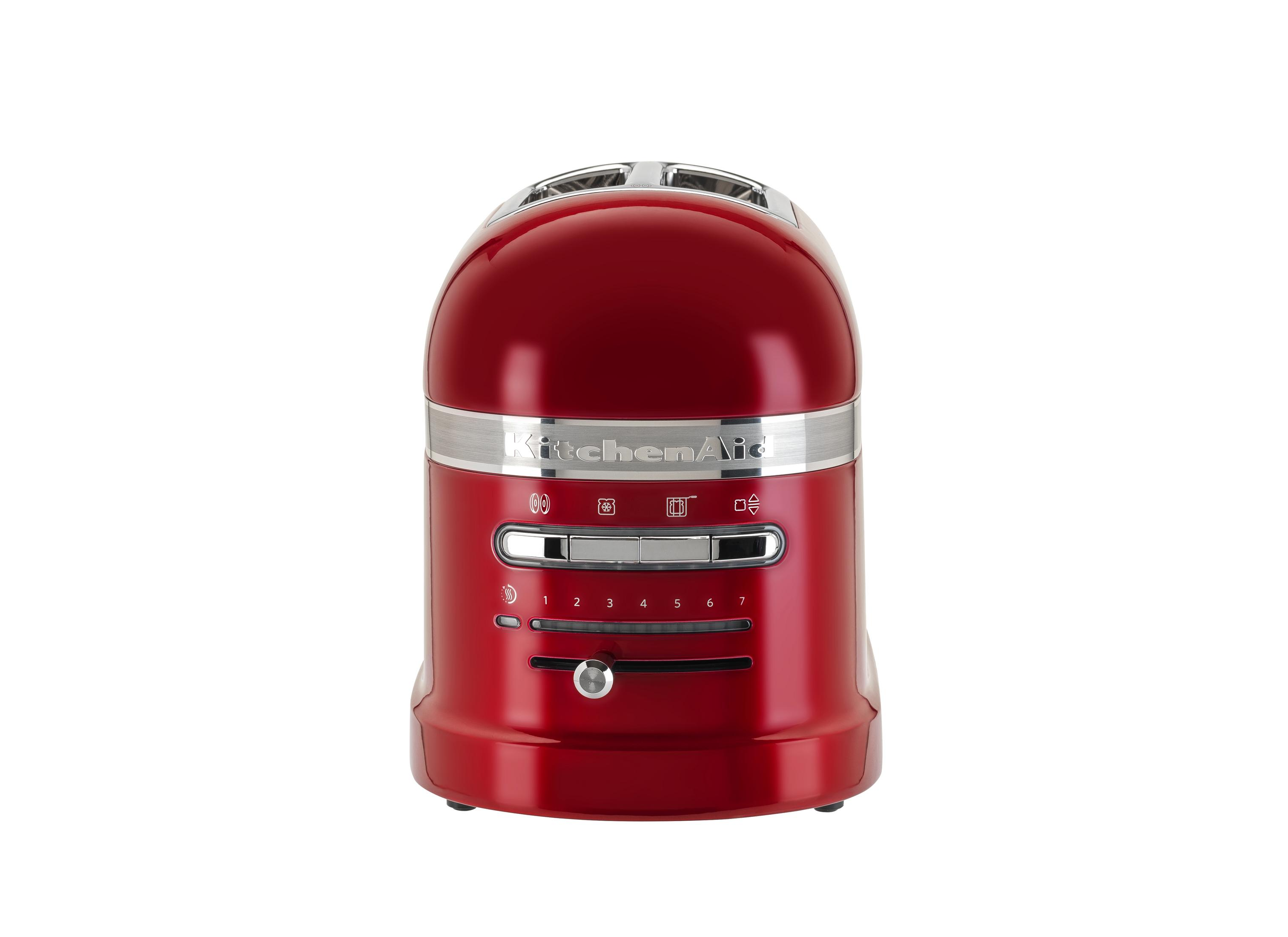 Roter KitchenAid Toaster auf Weiß. Silberne Akzente, Bedienfeld.